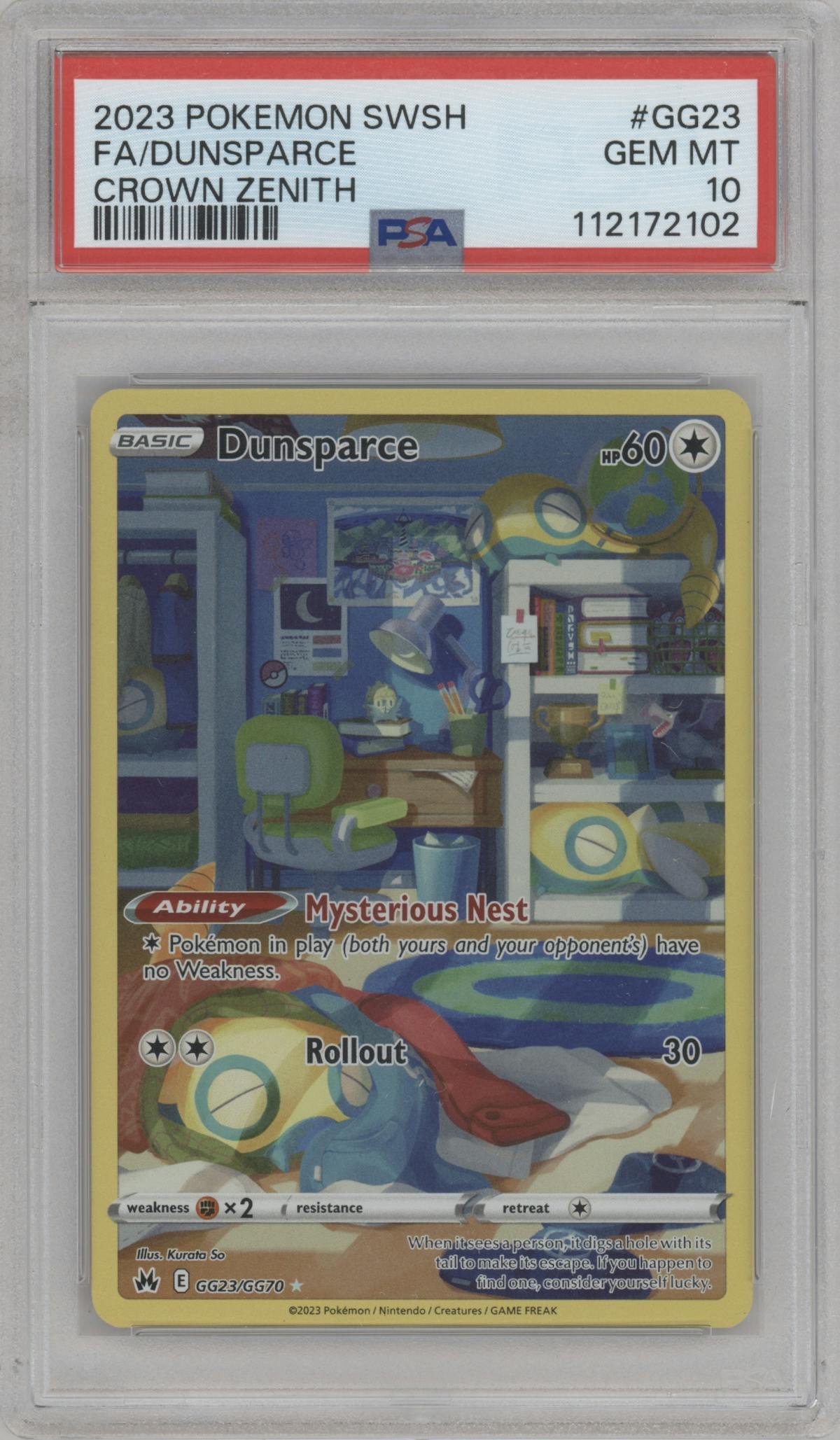 Dunsparce from the 2023 Pokemon SWSH set graded by PSA and given an overall grade of 10.