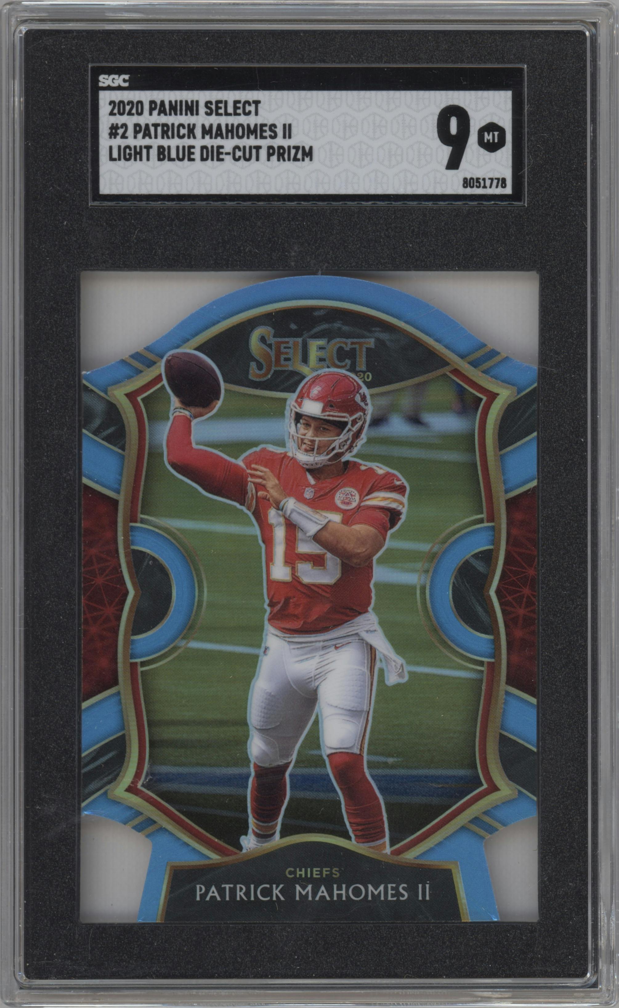 Patrick Mahomes II from the 2020 Panini Select set featuring a Die-Cut Light Blue parallel graded by SGC and given an overall grade of 9.