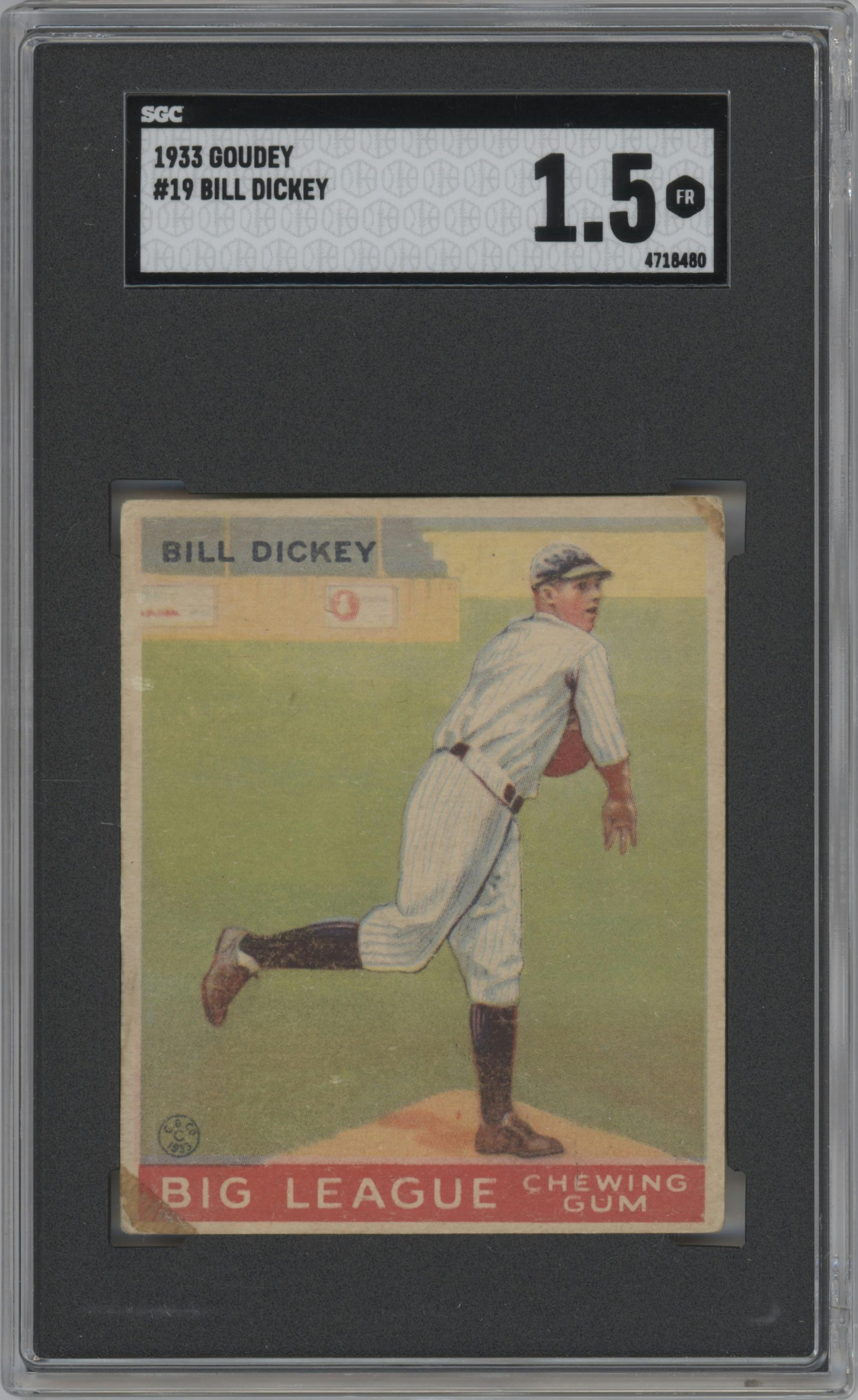 Bill Dickey from the 1933 Goudey set graded by SGC and given an overall grade of 1.5.