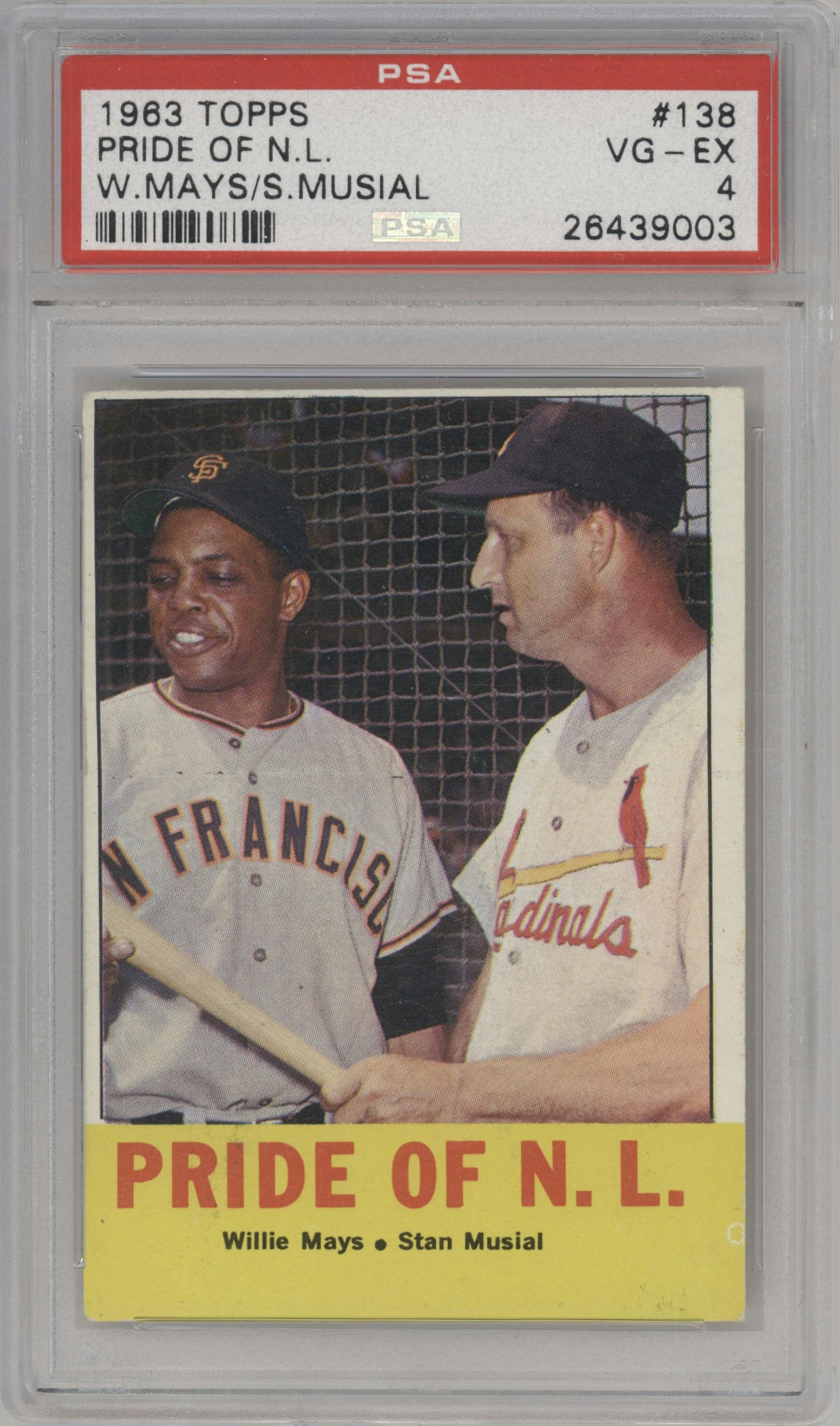 Willie Mays/Stan Musial from the 1963 Topps set graded by PSA and given an overall grade of 4.