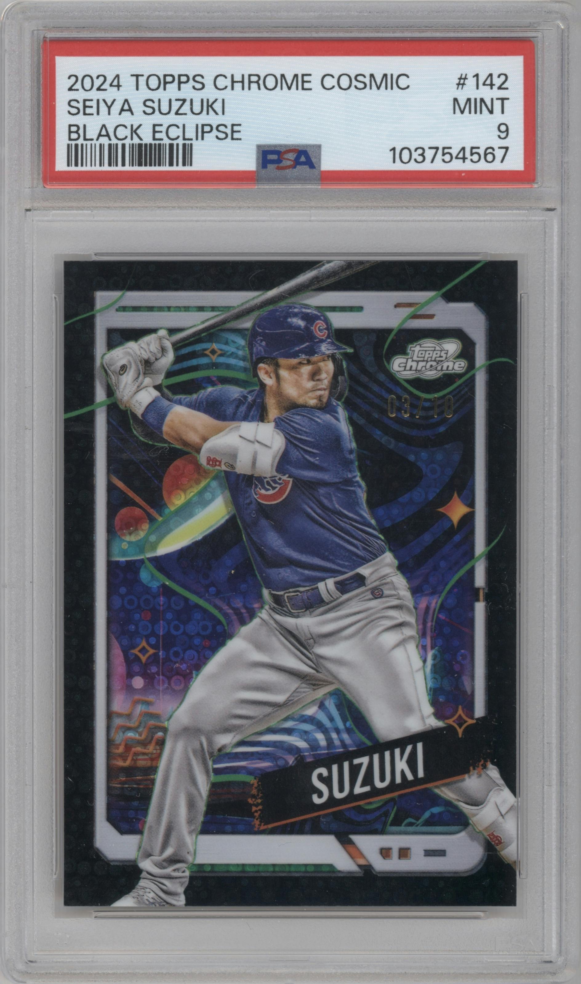 Seiya Suzuki from the 2024 Topps Cosmic Chrome set featuring a Black Eclipse Refractor parallel graded by PSA and given an overall grade of 9.