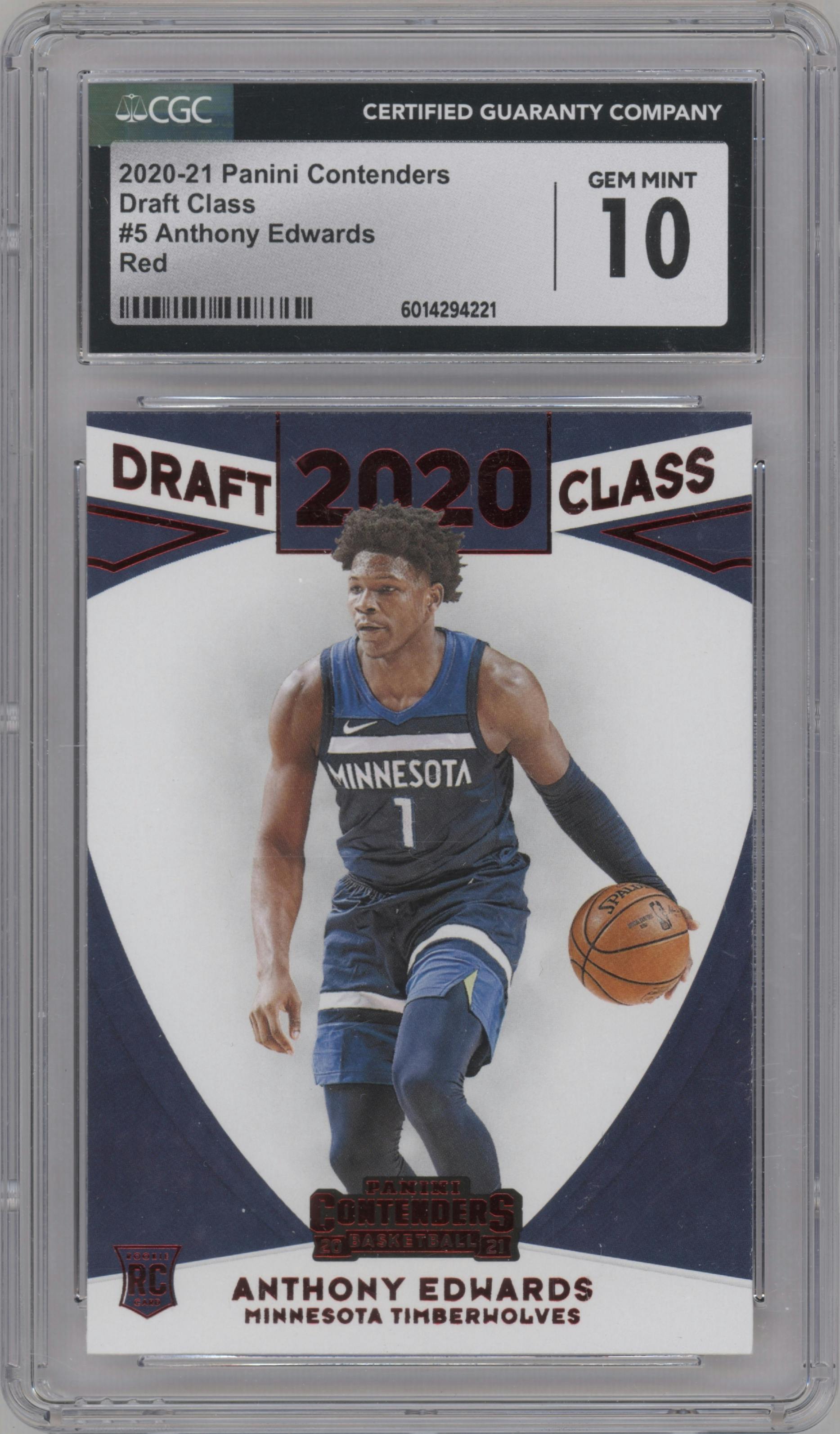 Anthony Edwards from the 2020-21 Panini Contenders set featuring a Red parallel graded by CSG and given an overall grade of 10.