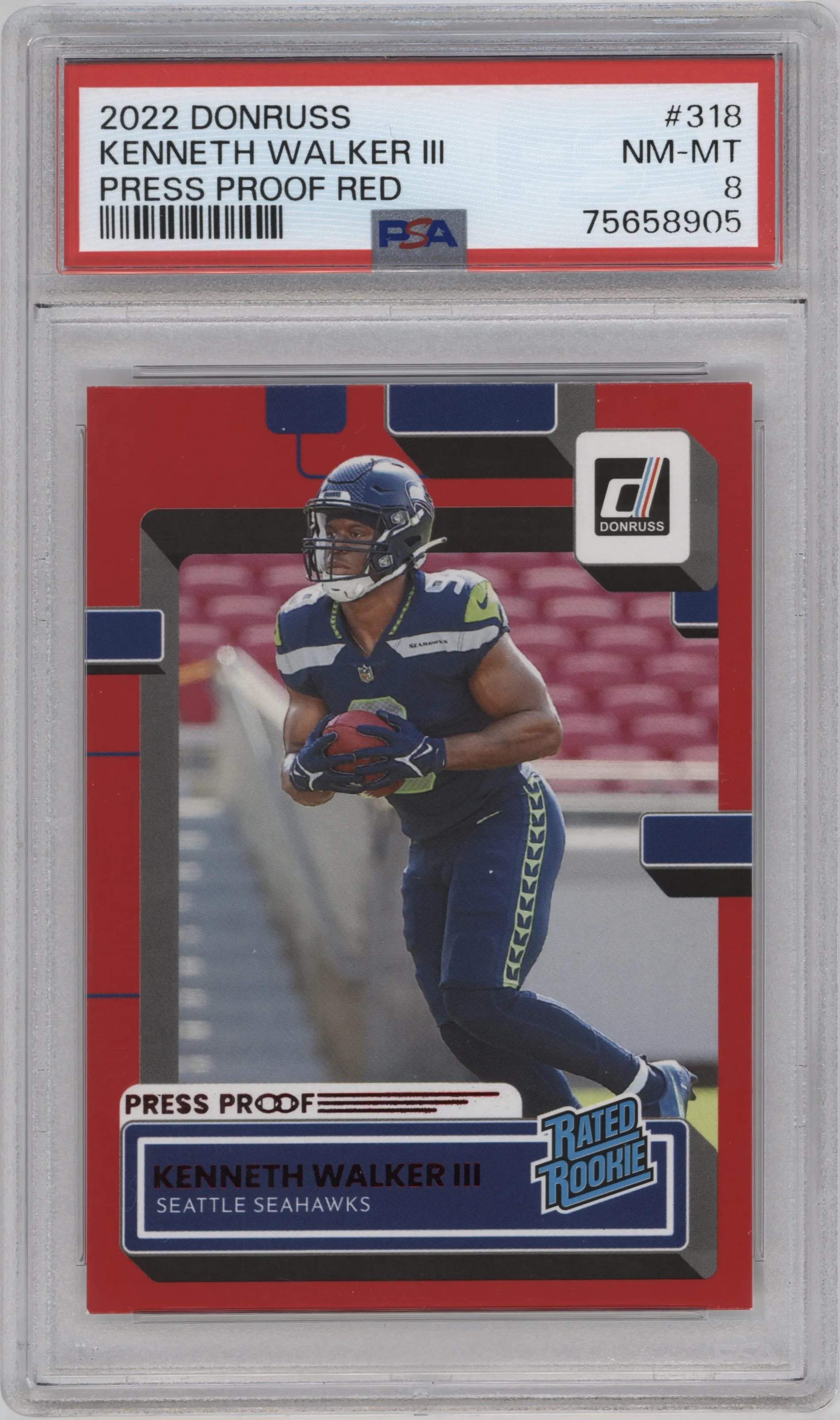2022 Panini Donruss Rated Rookie Kenneth Walker III Press Proof Red #318 PSA 8