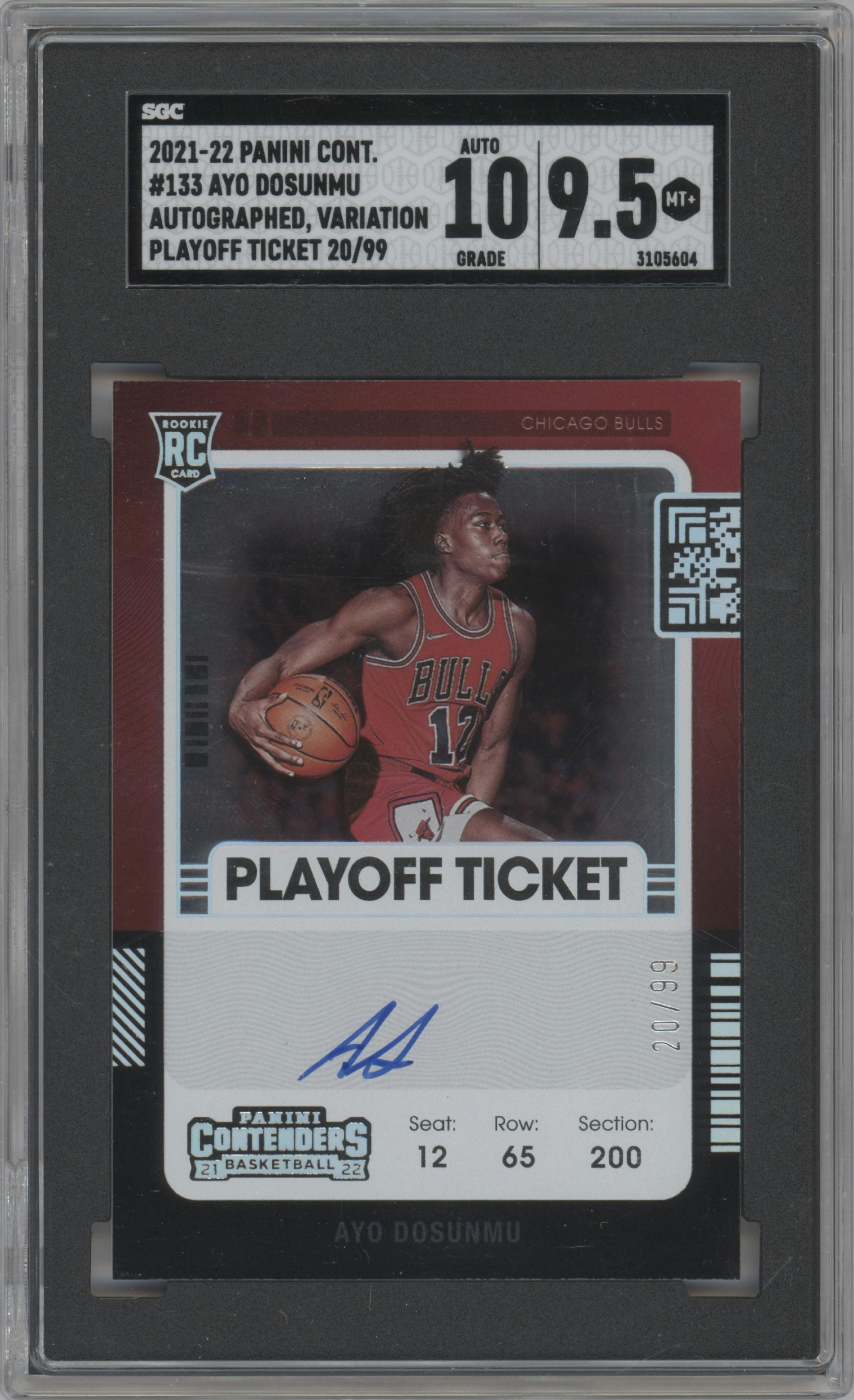 Ayo Dosunmu from the 2021-22 Panini Contenders  set featuring a Playoff Ticket parallel graded by SGC and given an overall grade of 9.5.