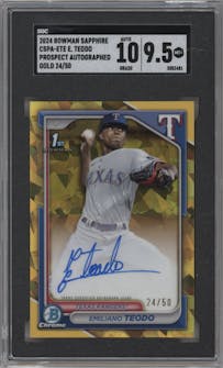 Emiliano Teodo  from the 2024 Bowman Chrome Sapphire set featuring a Gold parallel graded by SGC and given an overall grade of 9.5.