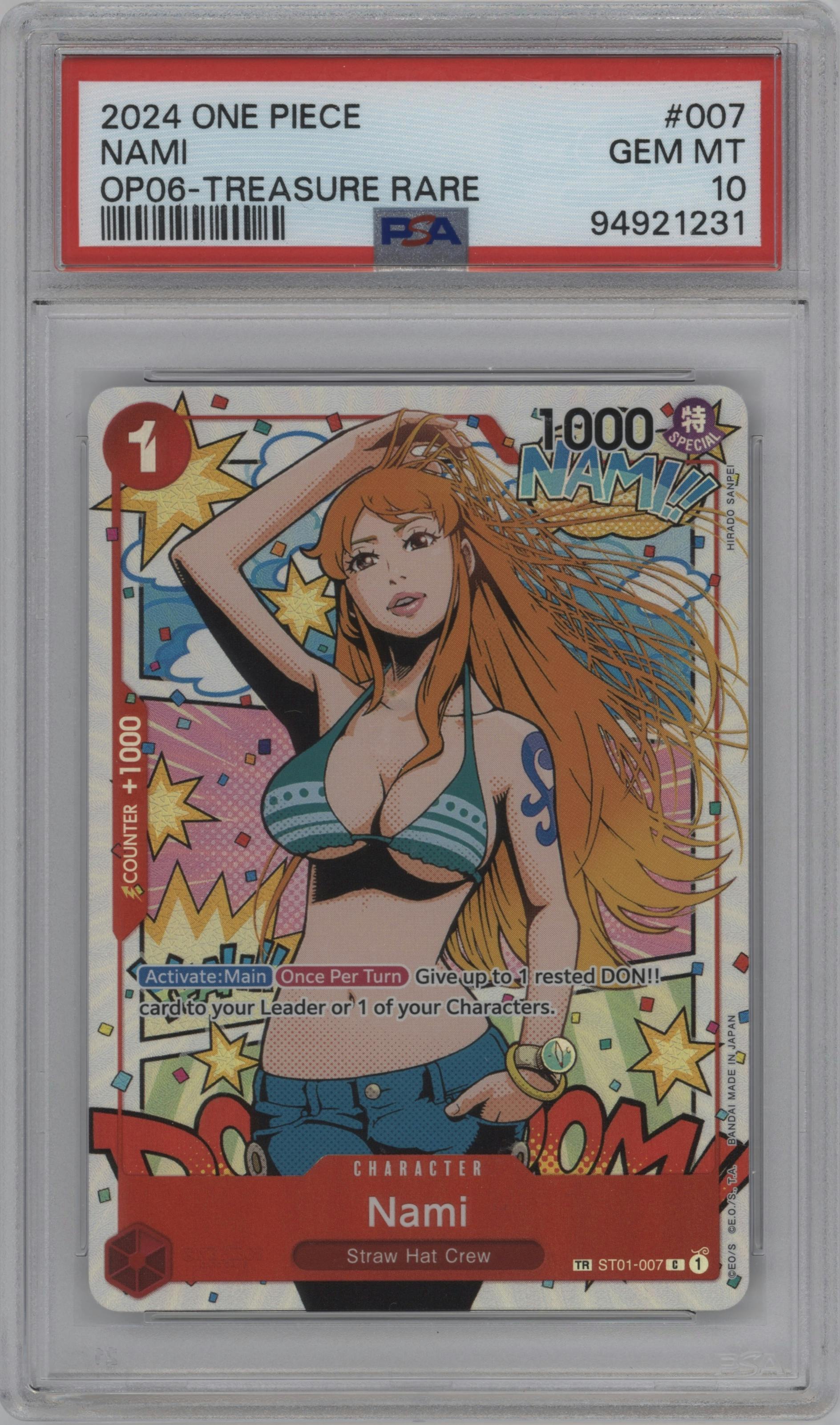 Nami from the 2024 One Piece set graded by PSA and given an overall grade of 10.