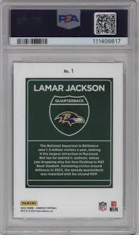 Lamar Jackson from the 2024 Donruss set graded by PSA and given an overall grade of 10.
