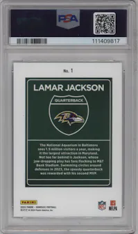 Lamar Jackson from the 2024 Donruss set graded by PSA and given an overall grade of 10.