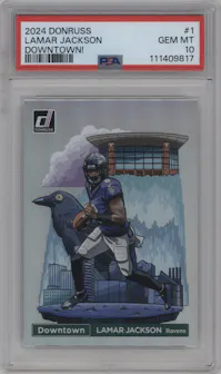 Lamar Jackson from the 2024 Donruss set graded by PSA and given an overall grade of 10.