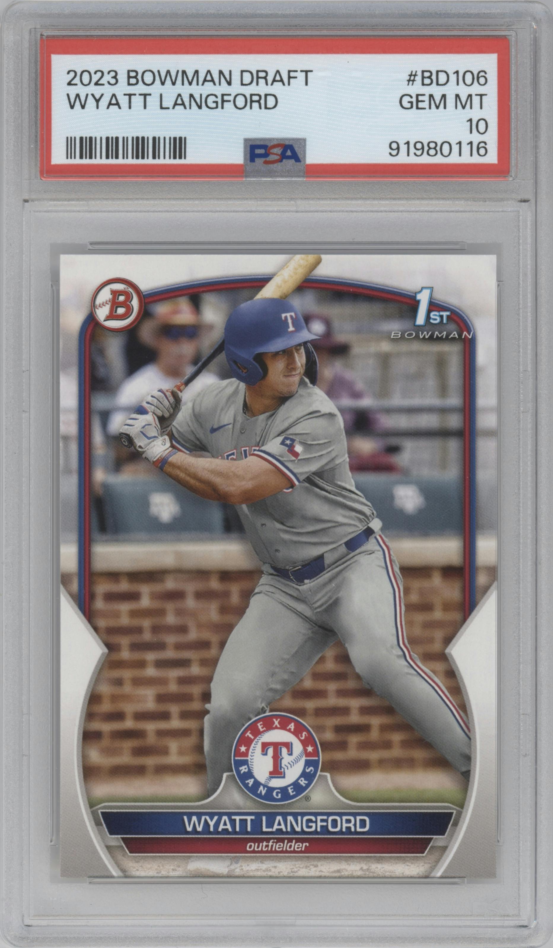Wyatt Langford from the 2023 Bowman Draft set graded by PSA and given an overall grade of 10.