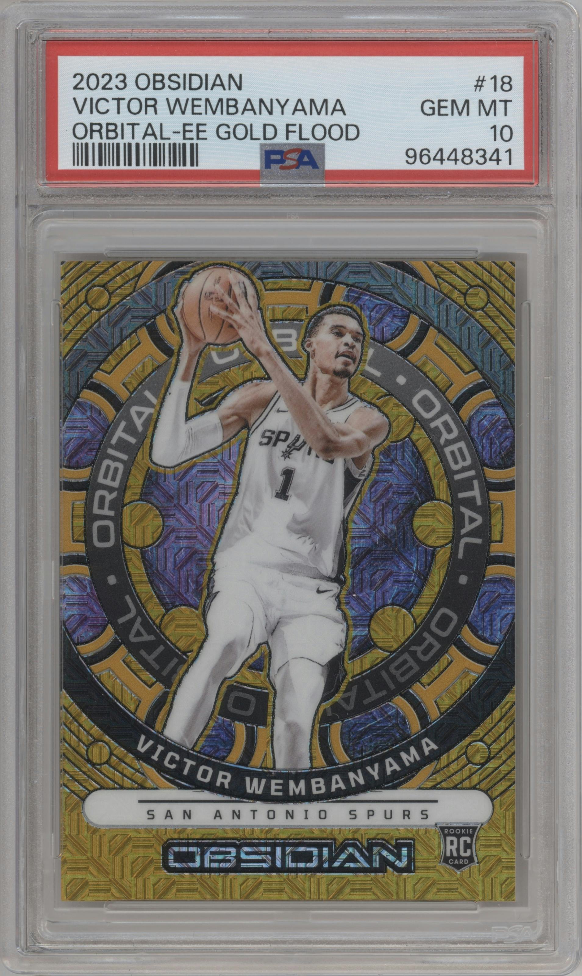 Victor Wembanyama from the 2023-24 Panini Obsidian set featuring a Electric Etch Gold Flood  parallel graded by PSA and given an overall grade of 10.