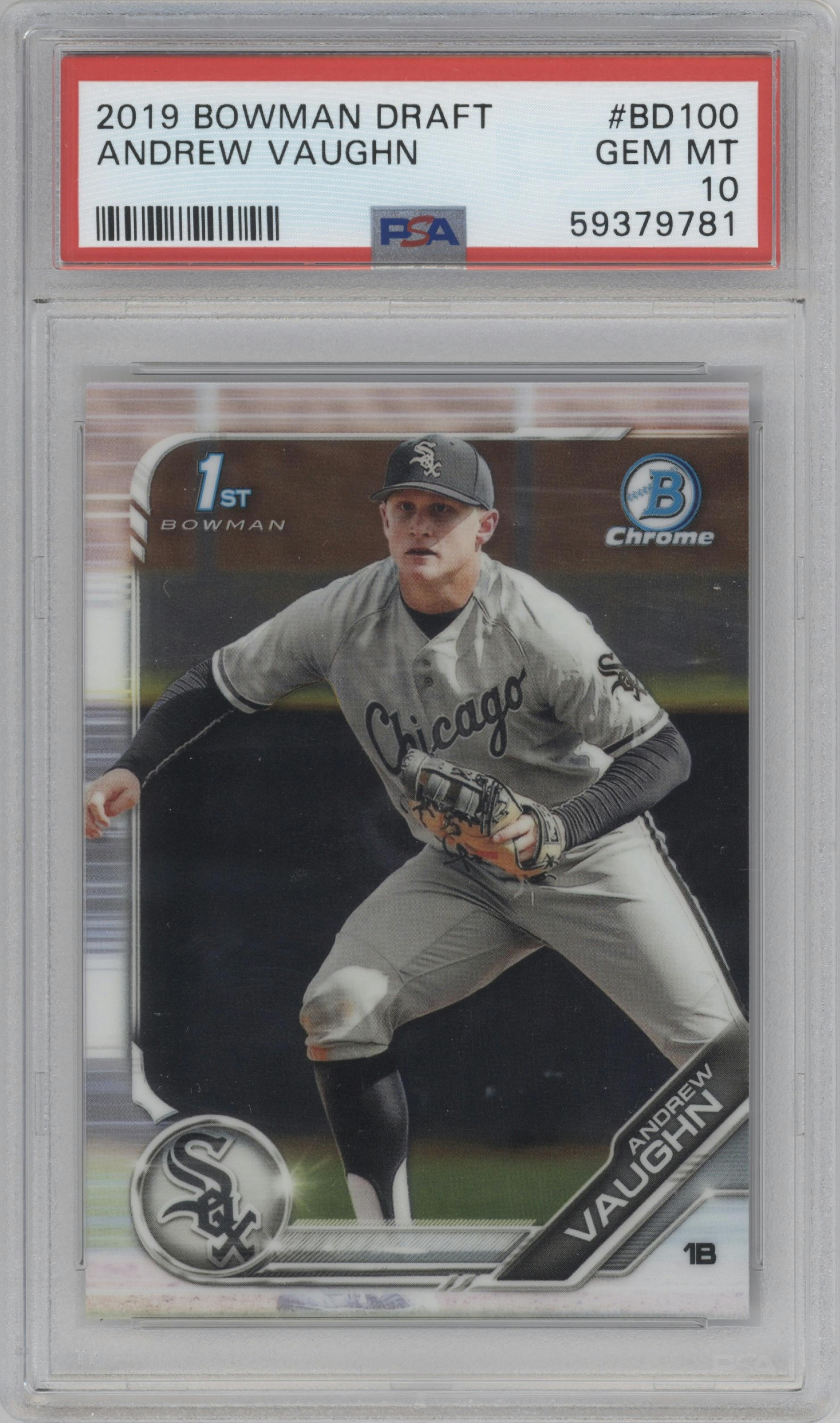 Andrew Vaughn from the 2019 Bowman Draft set graded by PSA and given an overall grade of 10.