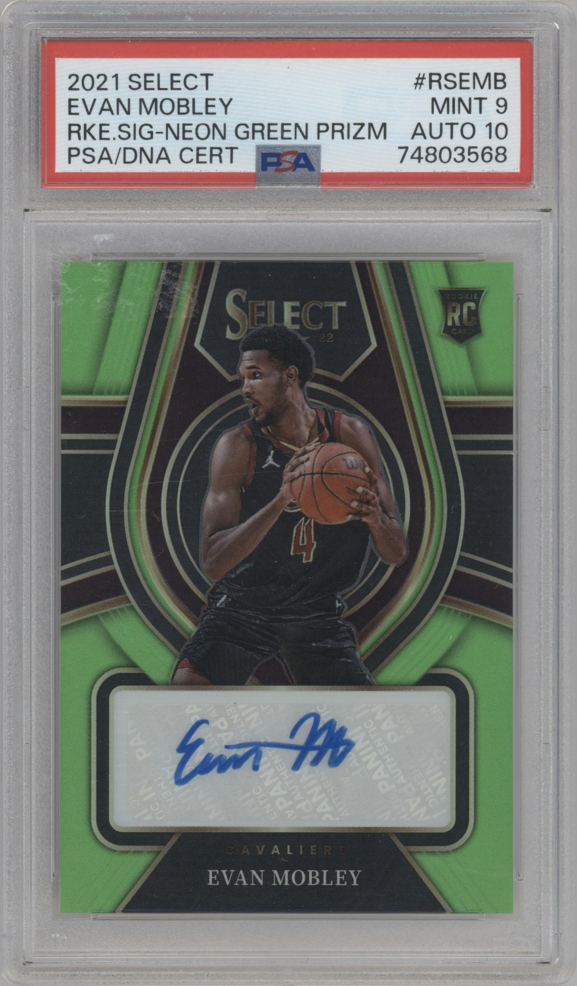 Evan Mobley from the 2021-22 Panini Select set featuring a Neon Green parallel graded by PSA and given an overall grade of 9.