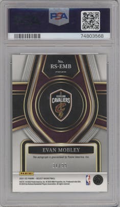 Evan Mobley from the 2021-22 Panini Select set featuring a Neon Green parallel graded by PSA and given an overall grade of 9.