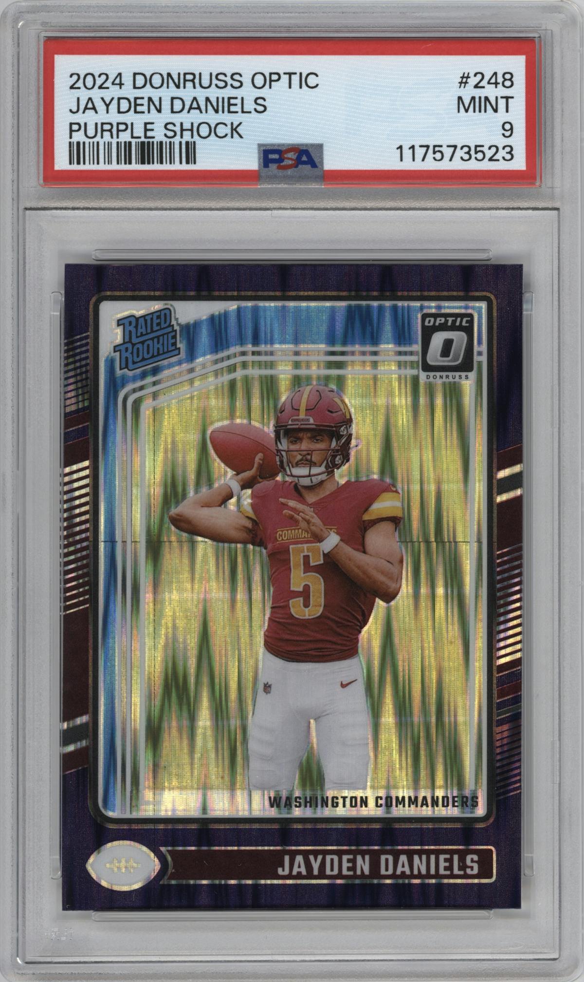 Jayden Daniels from the 2024 Donruss Optic set featuring a Purple Shock parallel graded by PSA and given an overall grade of 9.