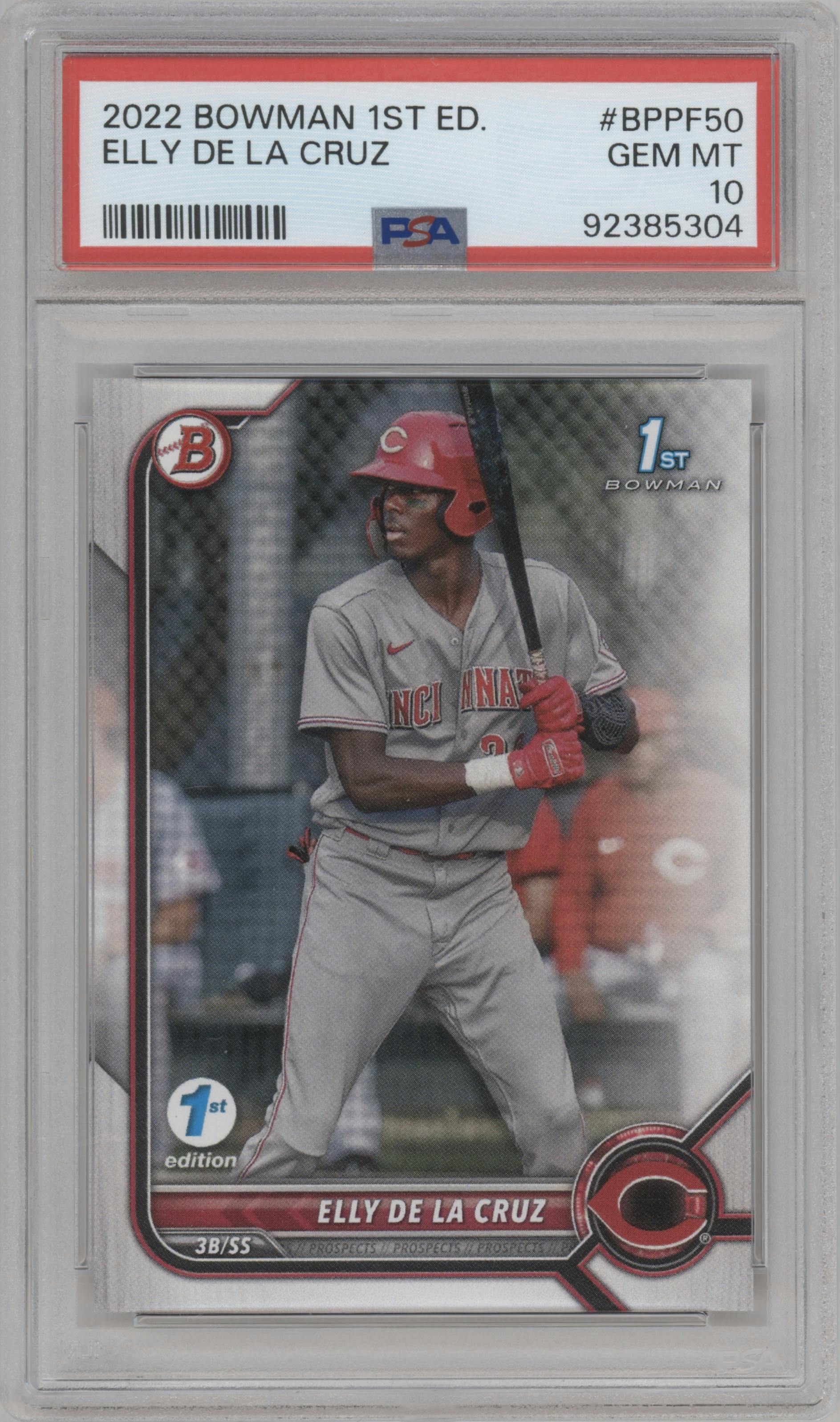Elly De La Cruz from the 2022 Bowman 1st Edition set graded by PSA and given an overall grade of 10.