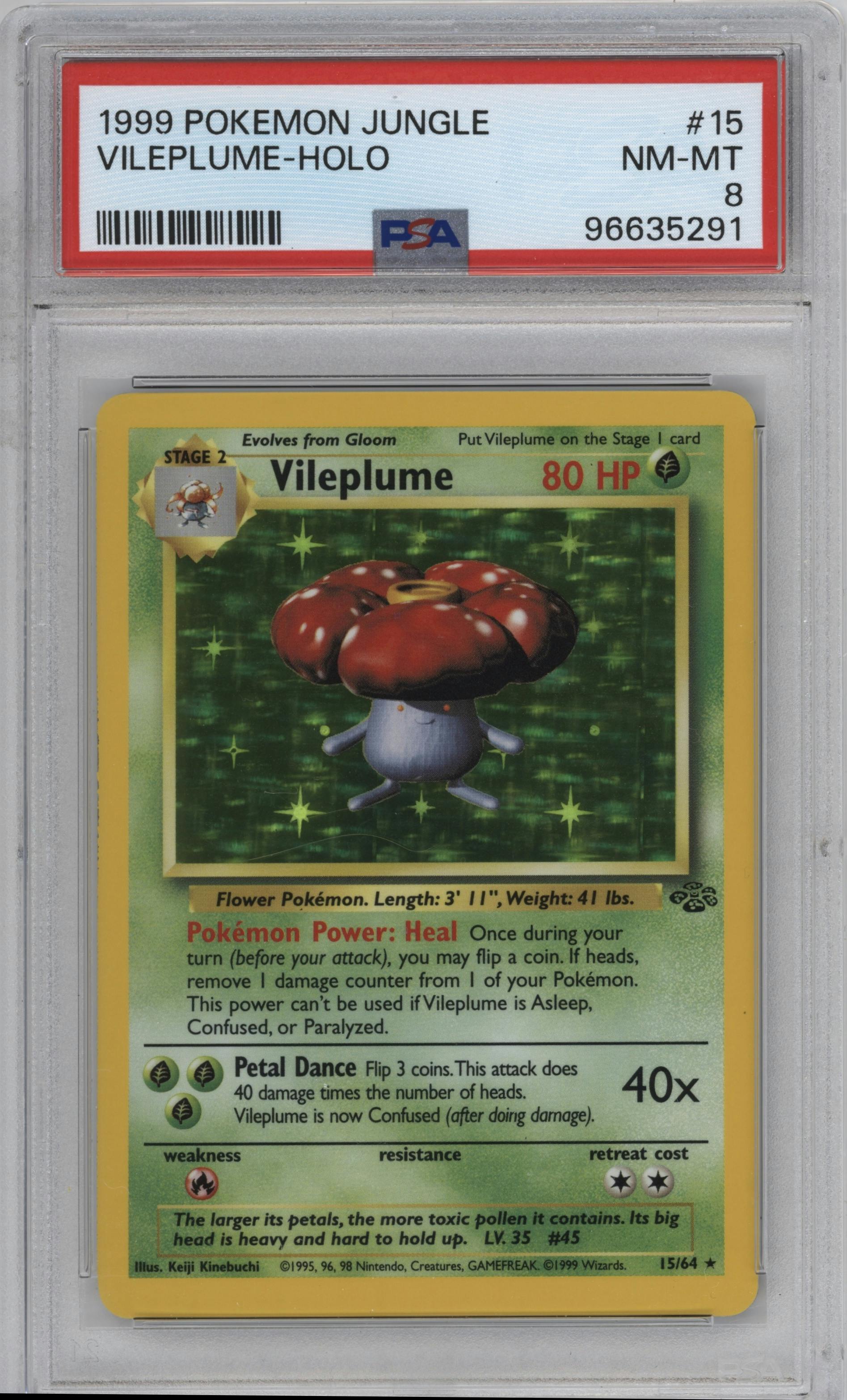 Vileplume from the 1999 Pokemon set graded by PSA and given an overall grade of 8.