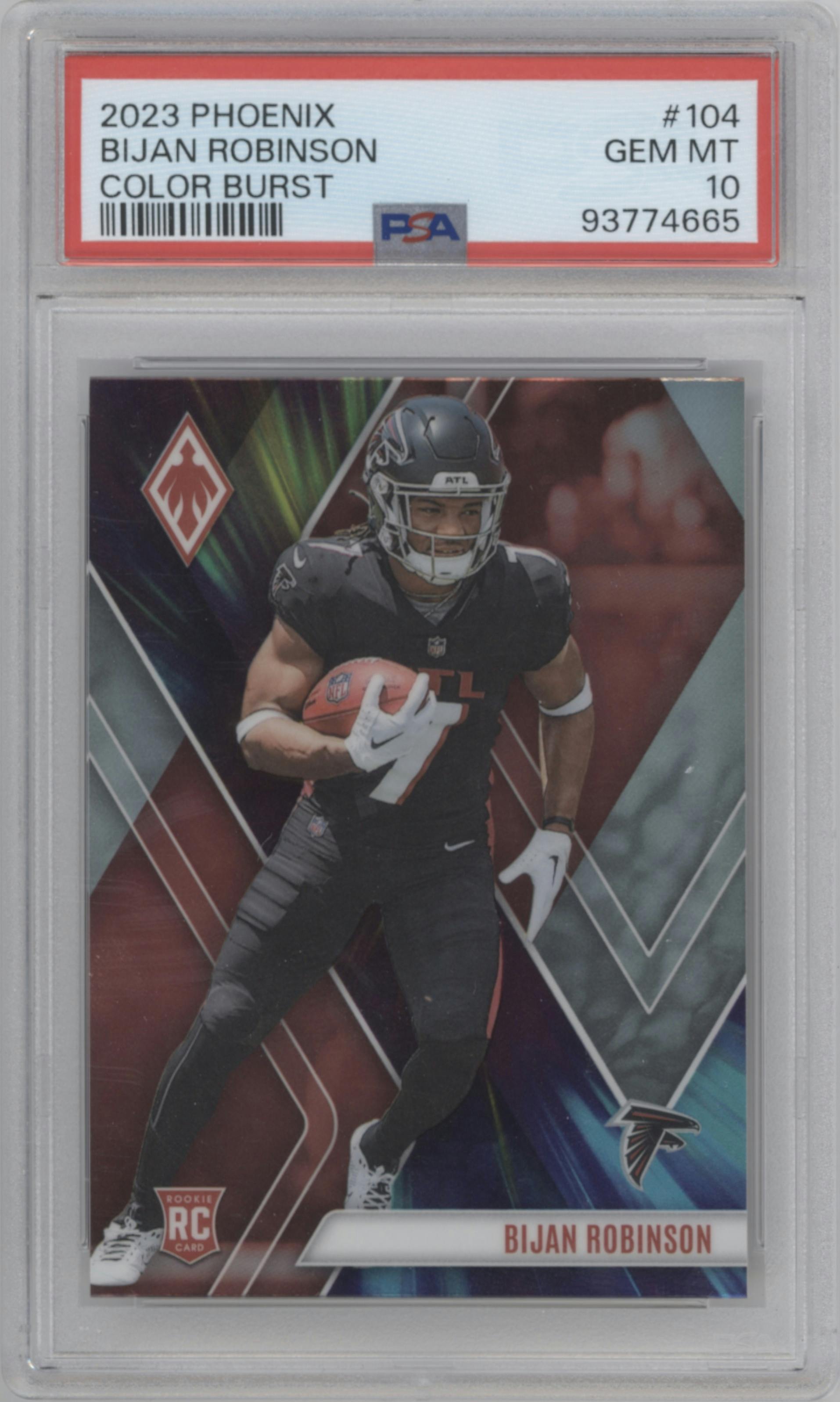 Bijan Robinson from the 2023 Panini Phoenix set featuring a Colorburst parallel graded by PSA and given an overall grade of 10.