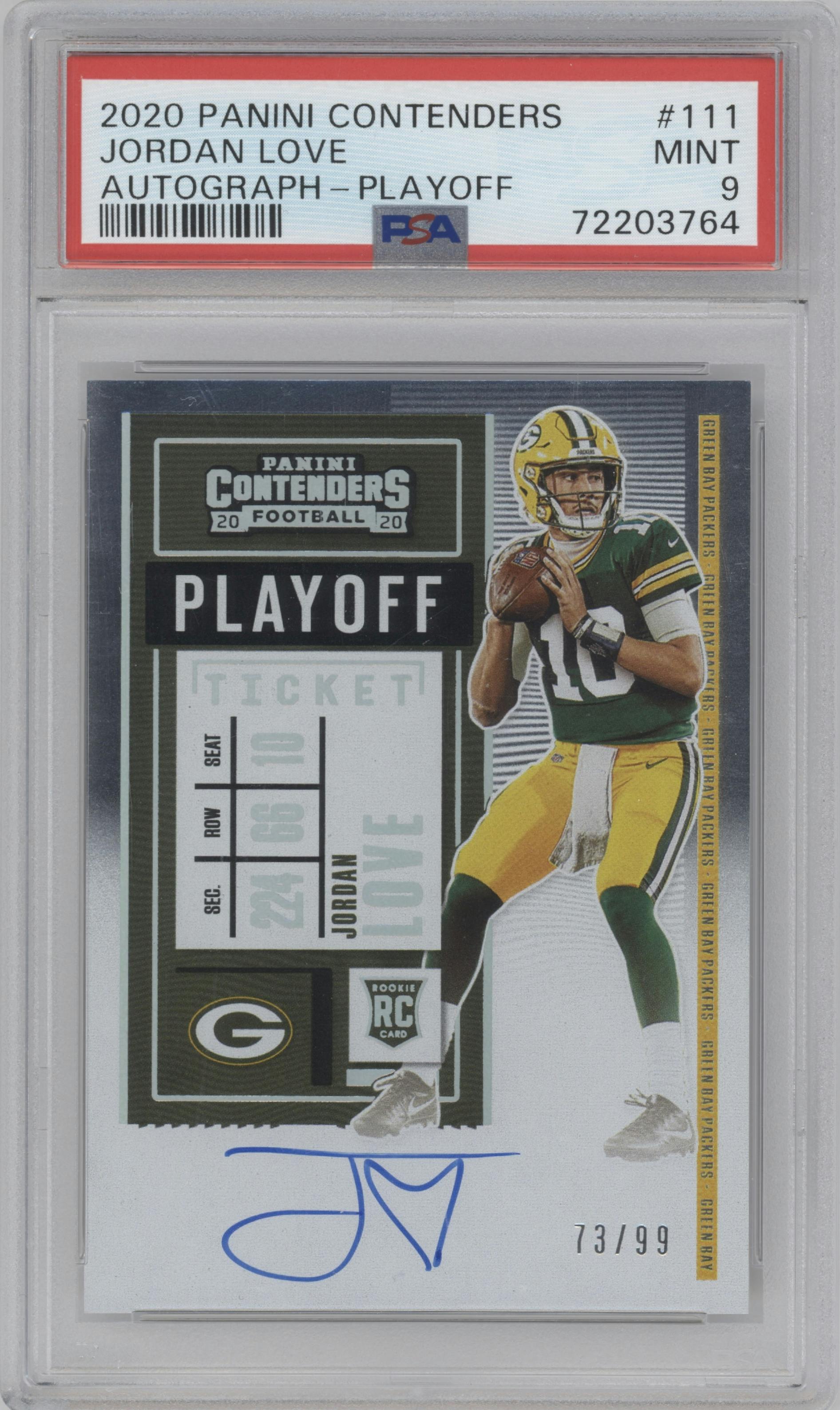 Jordan Love from the 2020 Panini Contenders set featuring a Playoff  parallel graded by PSA and given an overall grade of 9.