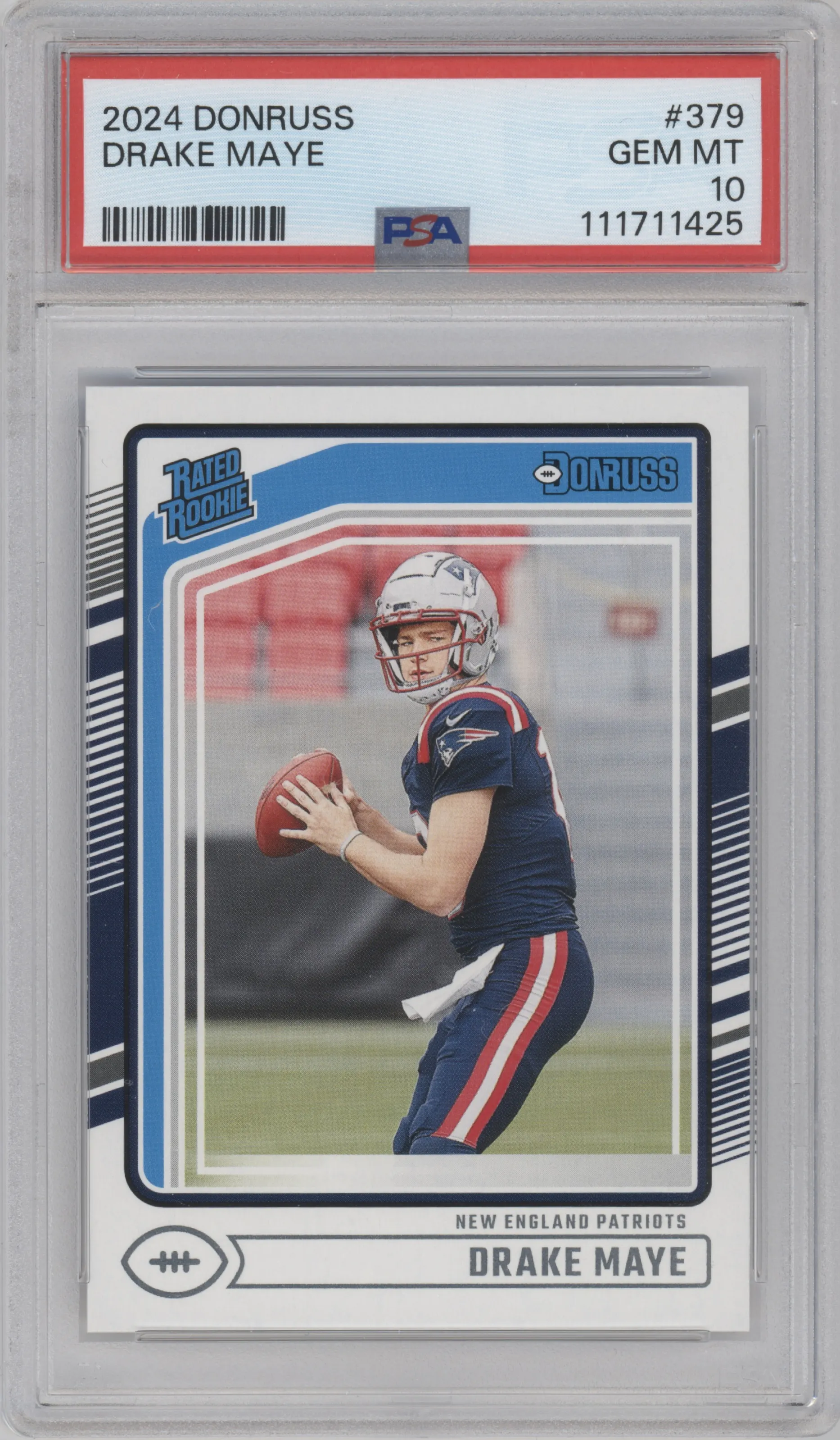 Drake Maye from the 2024 Donruss set graded by PSA and given an overall grade of 10.