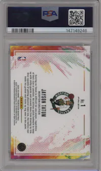 Jayson Tatum from the 2024-25 Panini Prizm Black set graded by PSA and given an overall grade of 10.