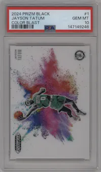 Jayson Tatum from the 2024-25 Panini Prizm Black set graded by PSA and given an overall grade of 10.