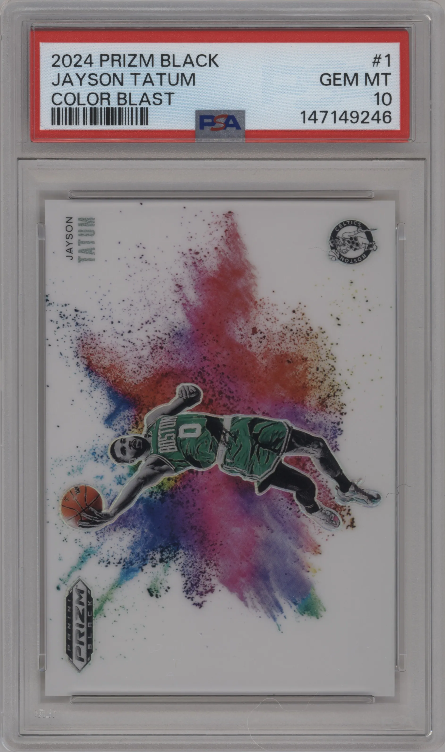 Jayson Tatum from the 2024-25 Panini Prizm Black set graded by PSA and given an overall grade of 10.
