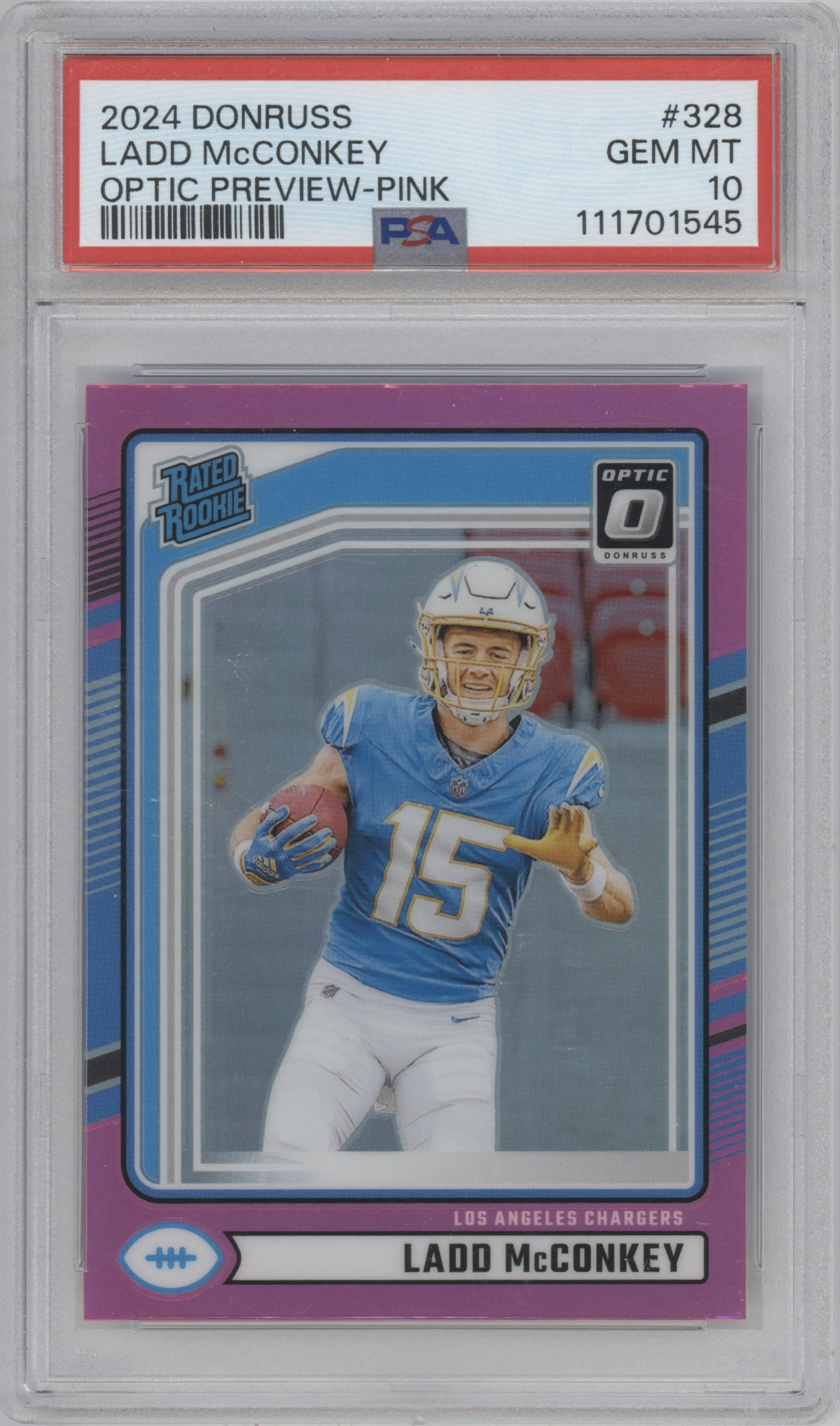 Ladd McConkey from the 2024 Donruss set featuring a Pink parallel graded by PSA and given an overall grade of 10.