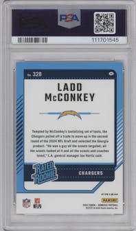 Ladd McConkey from the 2024 Donruss set featuring a Pink parallel graded by PSA and given an overall grade of 10.