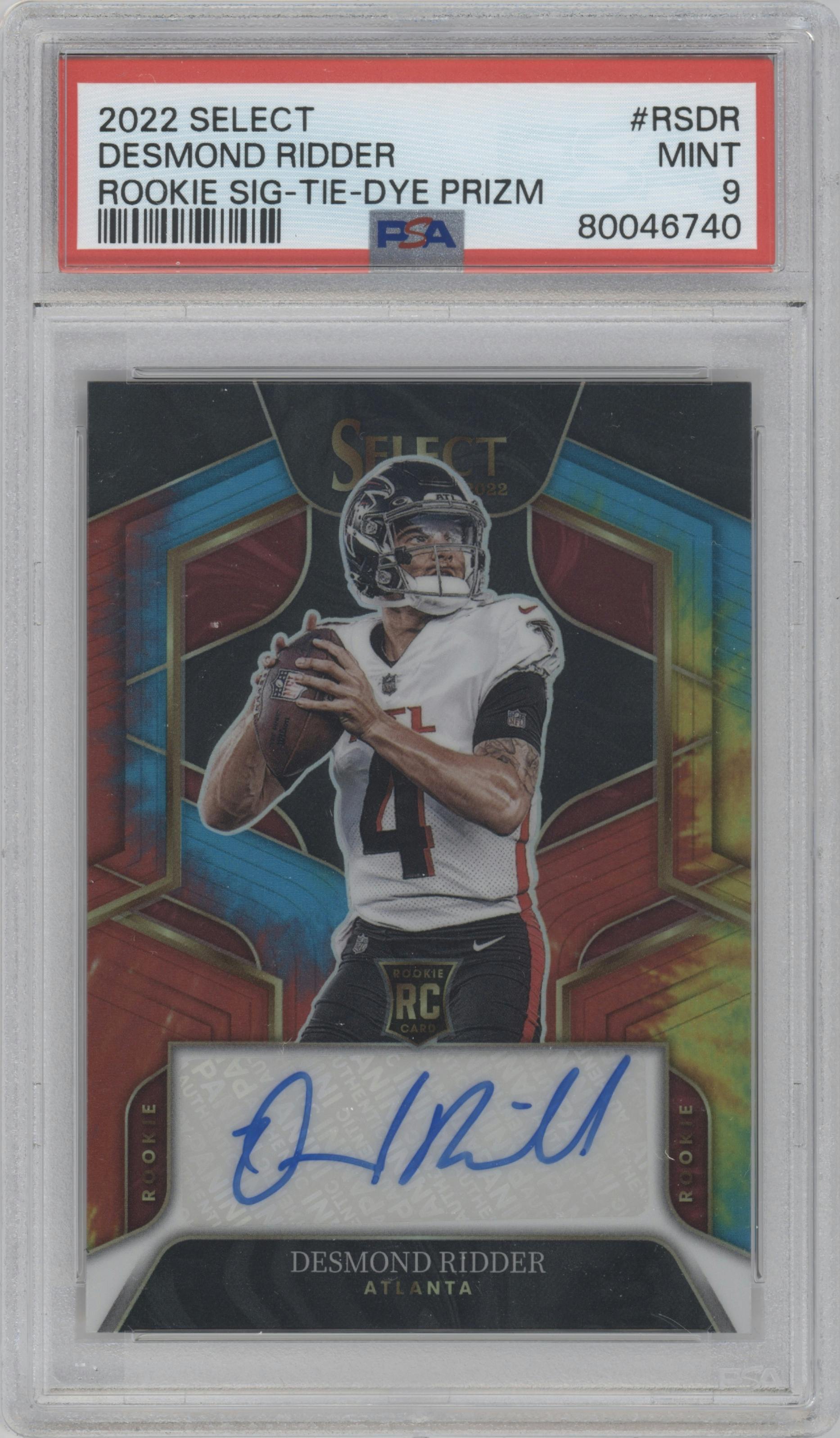 Desmond Ridder from the 2022 Panini Select set featuring a Tie-Dye parallel graded by PSA and given an overall grade of 9.