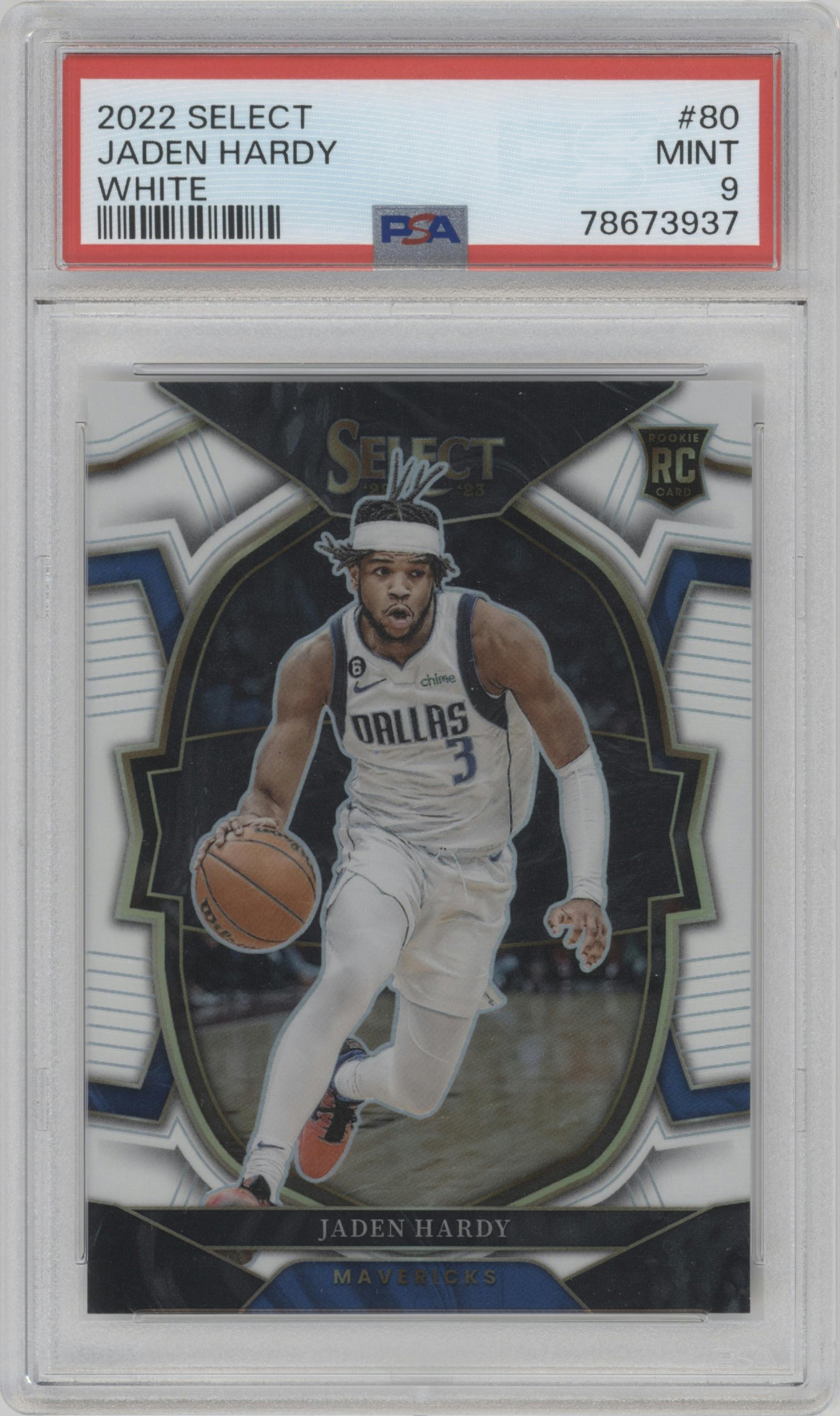 Jaden Hardy  from the 2022-23 Panini Select set featuring a White Prizm parallel graded by PSA and given an overall grade of 9.