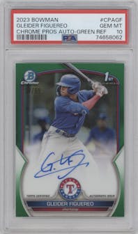 Gleider Figuereo from the 2023 Bowman  set featuring a Green Refractor parallel graded by PSA and given an overall grade of 10.