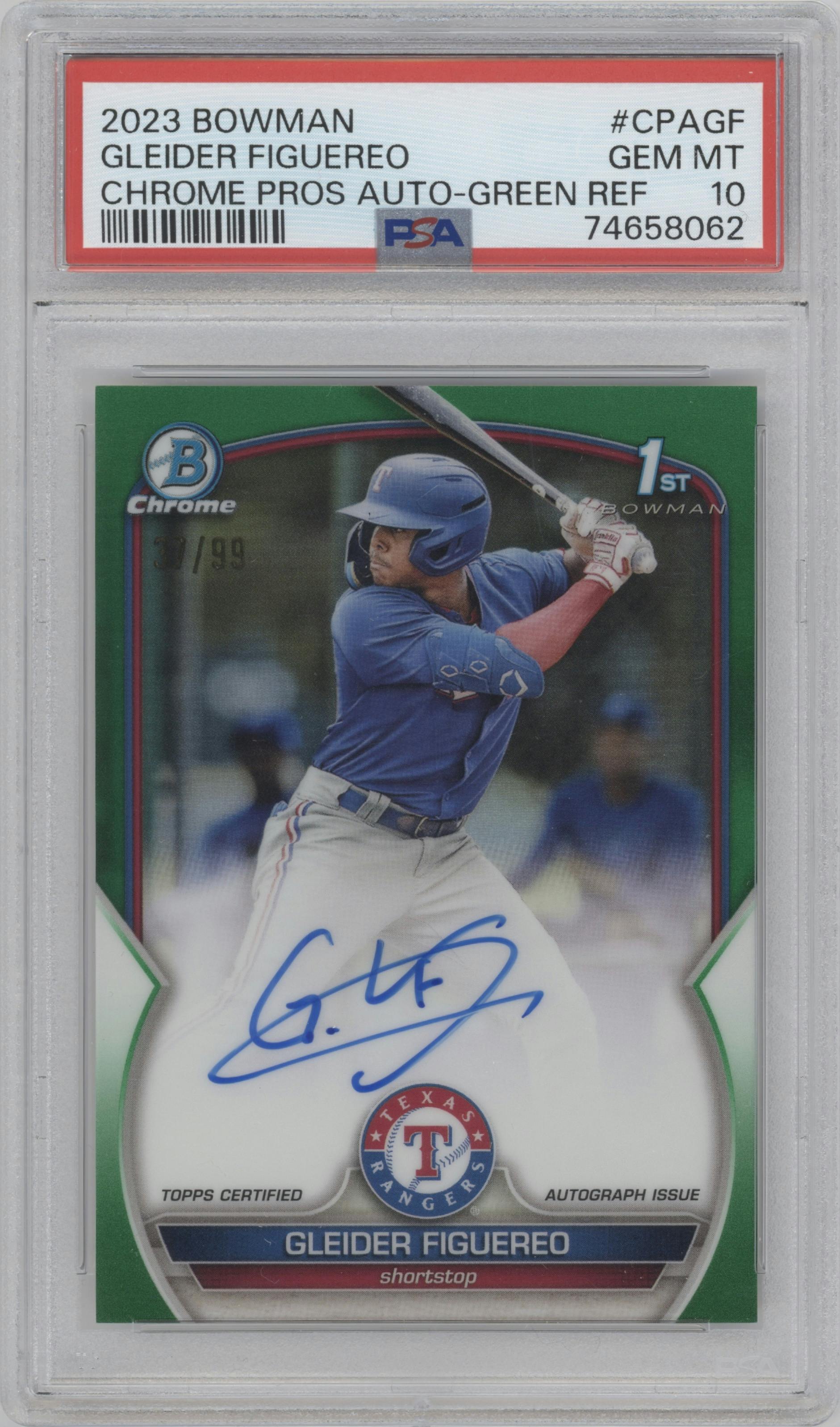 Gleider Figuereo from the 2023 Bowman  set featuring a Green Refractor parallel graded by PSA and given an overall grade of 10.