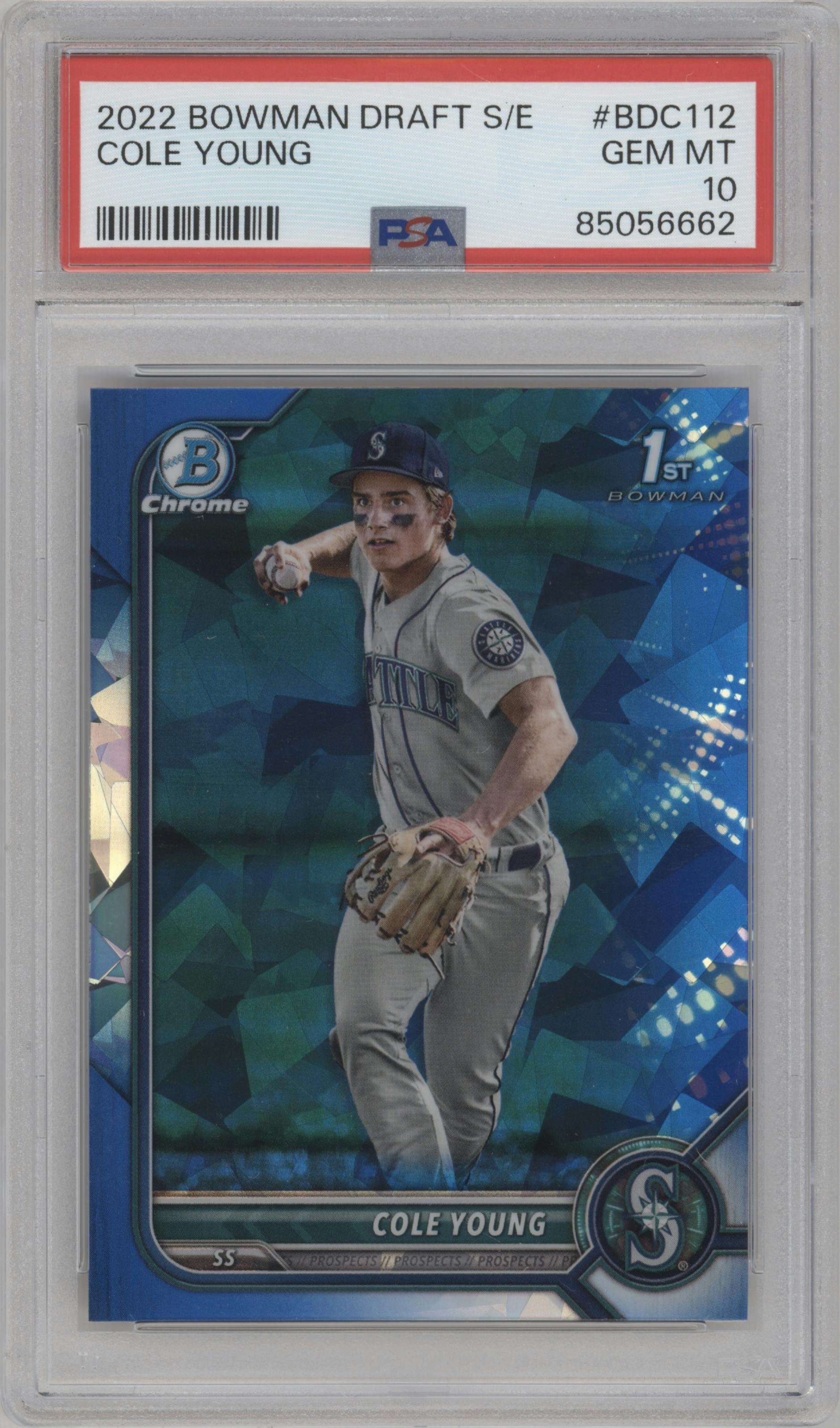 Cole Young from the 2022 Bowman Draft Sapphire Edition set graded by PSA and given an overall grade of 10.