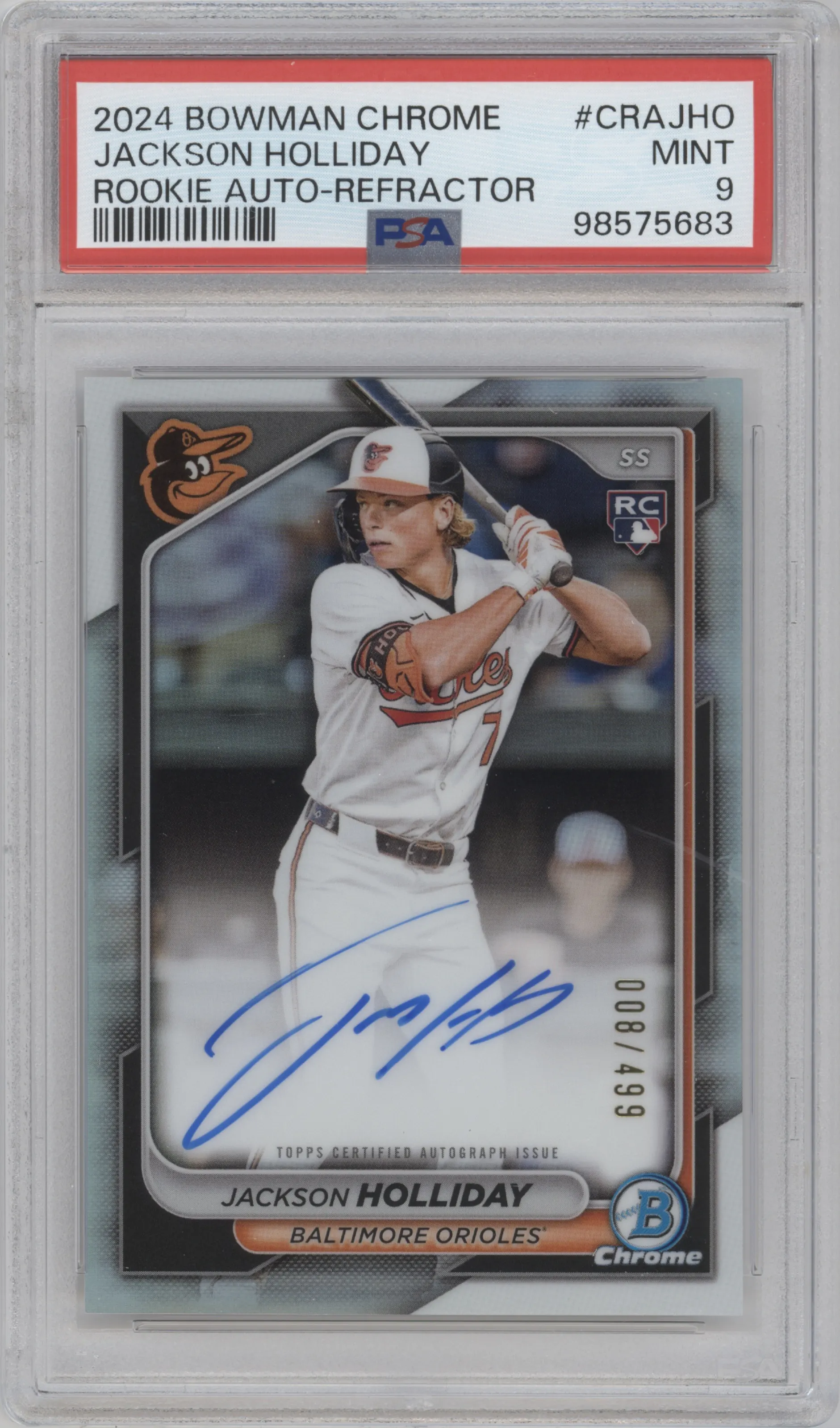 Jackson Holliday from the 2024 Bowman Chrome set featuring a Refractor parallel graded by PSA and given an overall grade of 9.