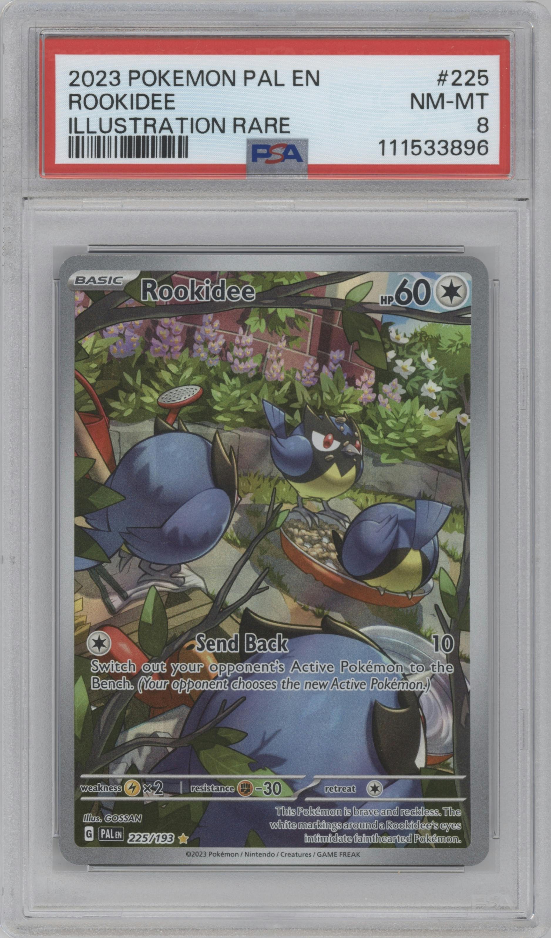Rookidee from the 2023 Pokemon SV set graded by PSA and given an overall grade of 8.