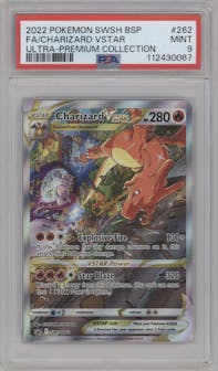 Charizard VSTAR from the 2022 Pokemon SWSH set featuring a Ultra Premium Collection parallel graded by PSA and given an overall grade of 9.