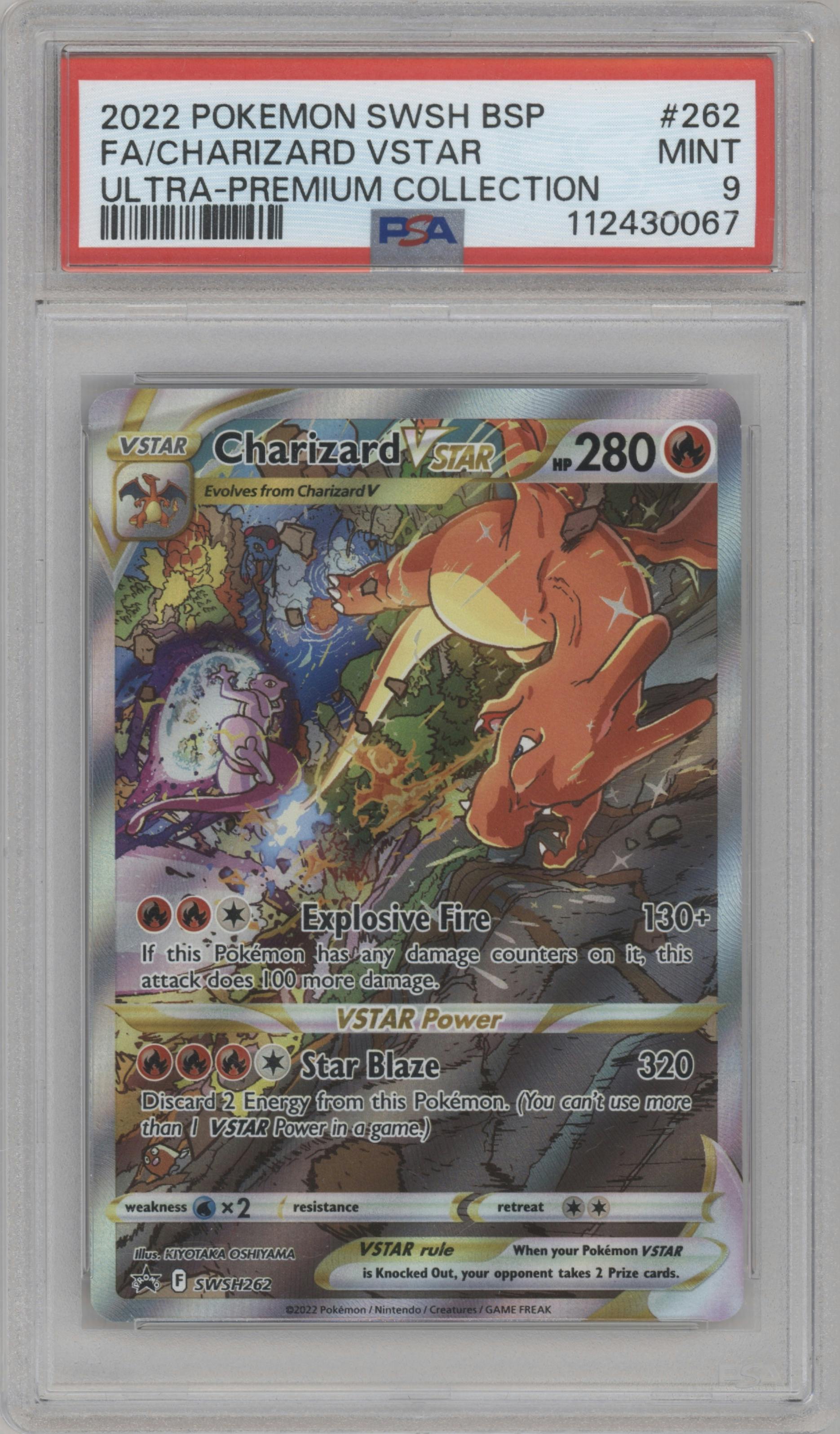Charizard VSTAR from the 2022 Pokemon SWSH set featuring a Ultra Premium Collection parallel graded by PSA and given an overall grade of 9.