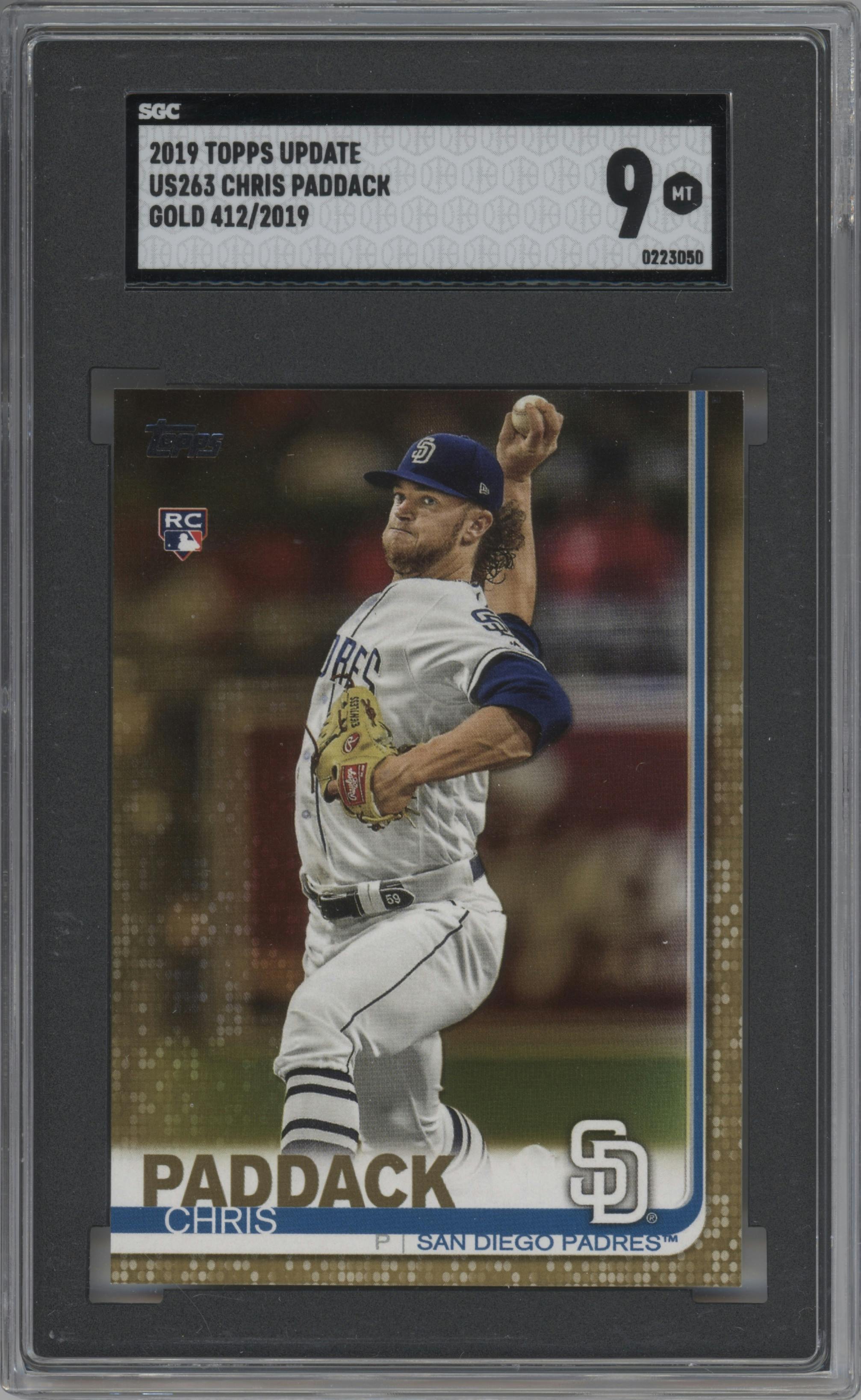 Chris Paddack from the 2019 Topps Update  set featuring a Gold parallel graded by SGC and given an overall grade of 9.