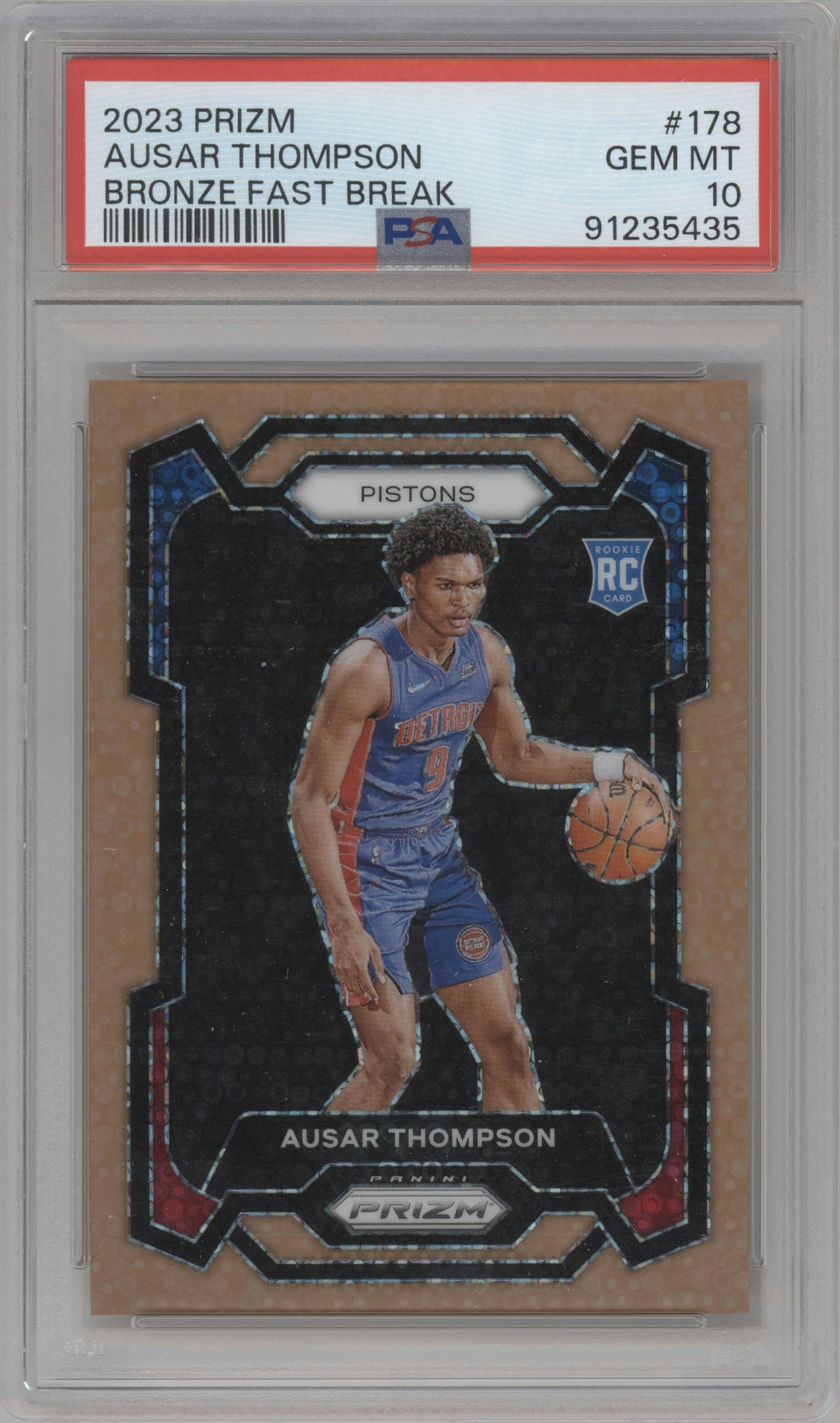 Ausar Thompson from the 2023-24 Panini Prizm set featuring a Fast Break Bronze parallel graded by PSA and given an overall grade of 10.