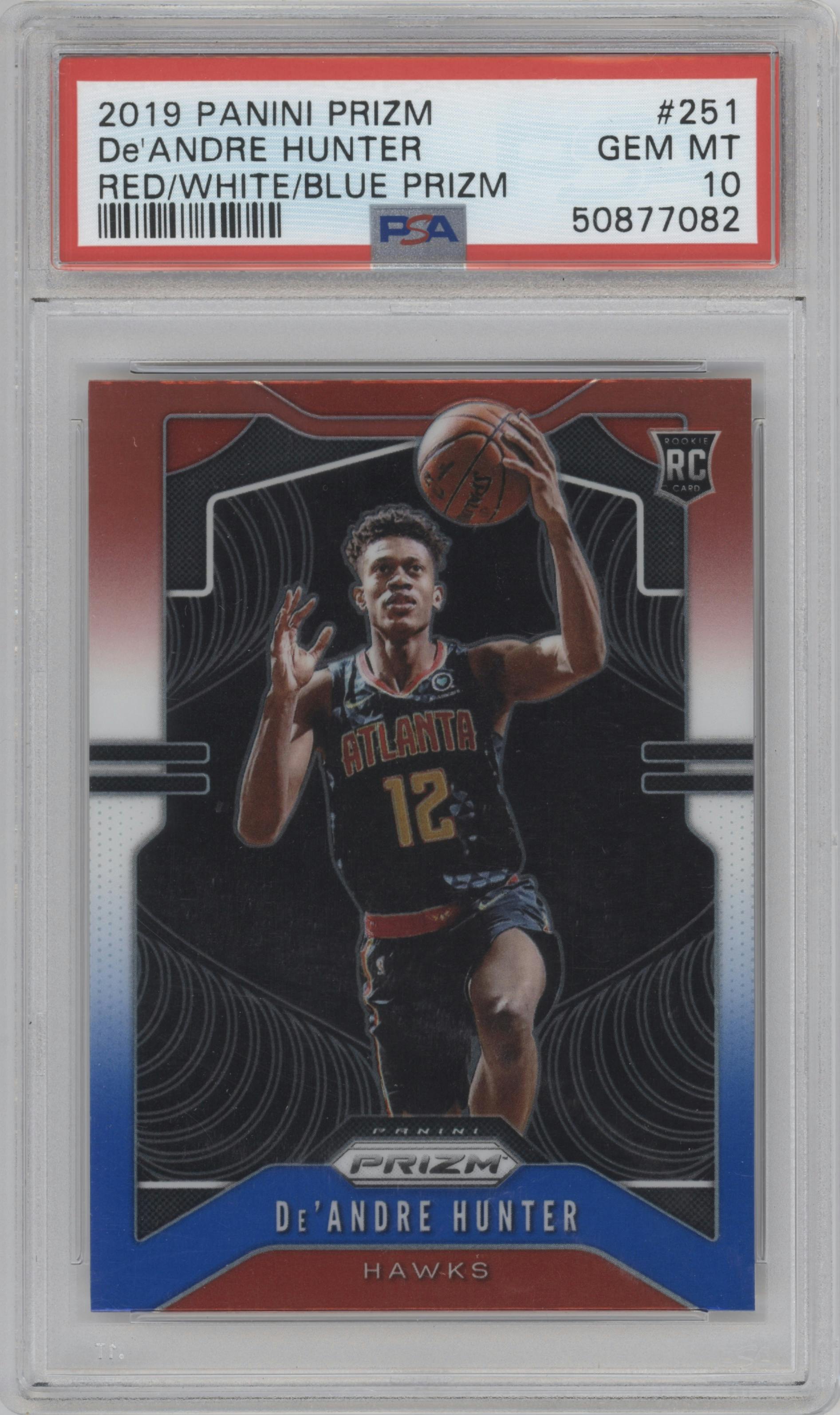 De'Andre Hunter from the 2019-20 Panini Prizm set featuring a Red/White/Blue Prizm  parallel graded by PSA and given an overall grade of 10.