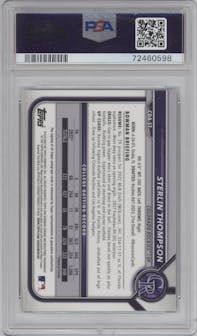 Sterlin Thompson from the 2022 Bowman Draft set featuring a Blue Refractor parallel graded by PSA and given an overall grade of 10.
