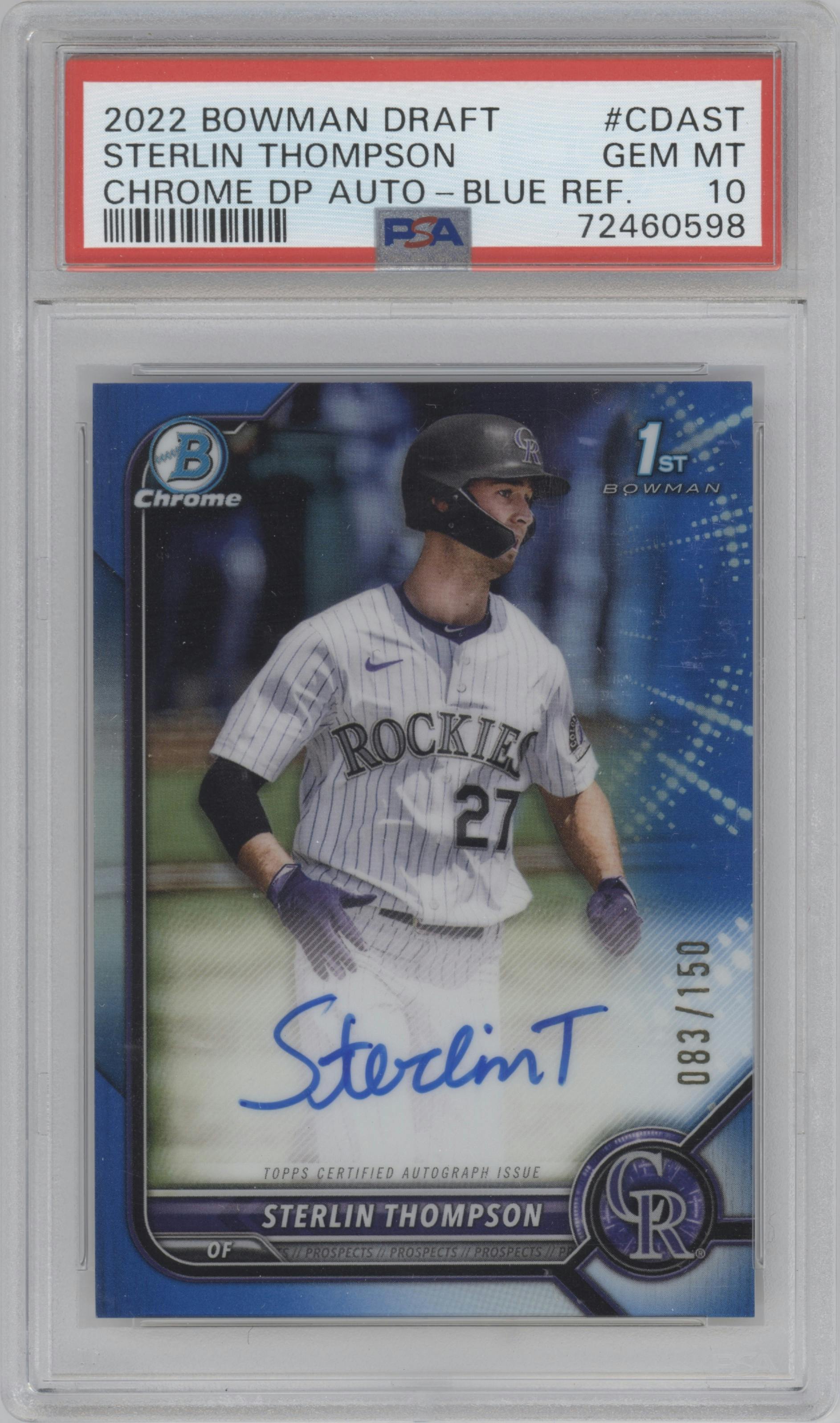 Sterlin Thompson from the 2022 Bowman Draft set featuring a Blue Refractor parallel graded by PSA and given an overall grade of 10.