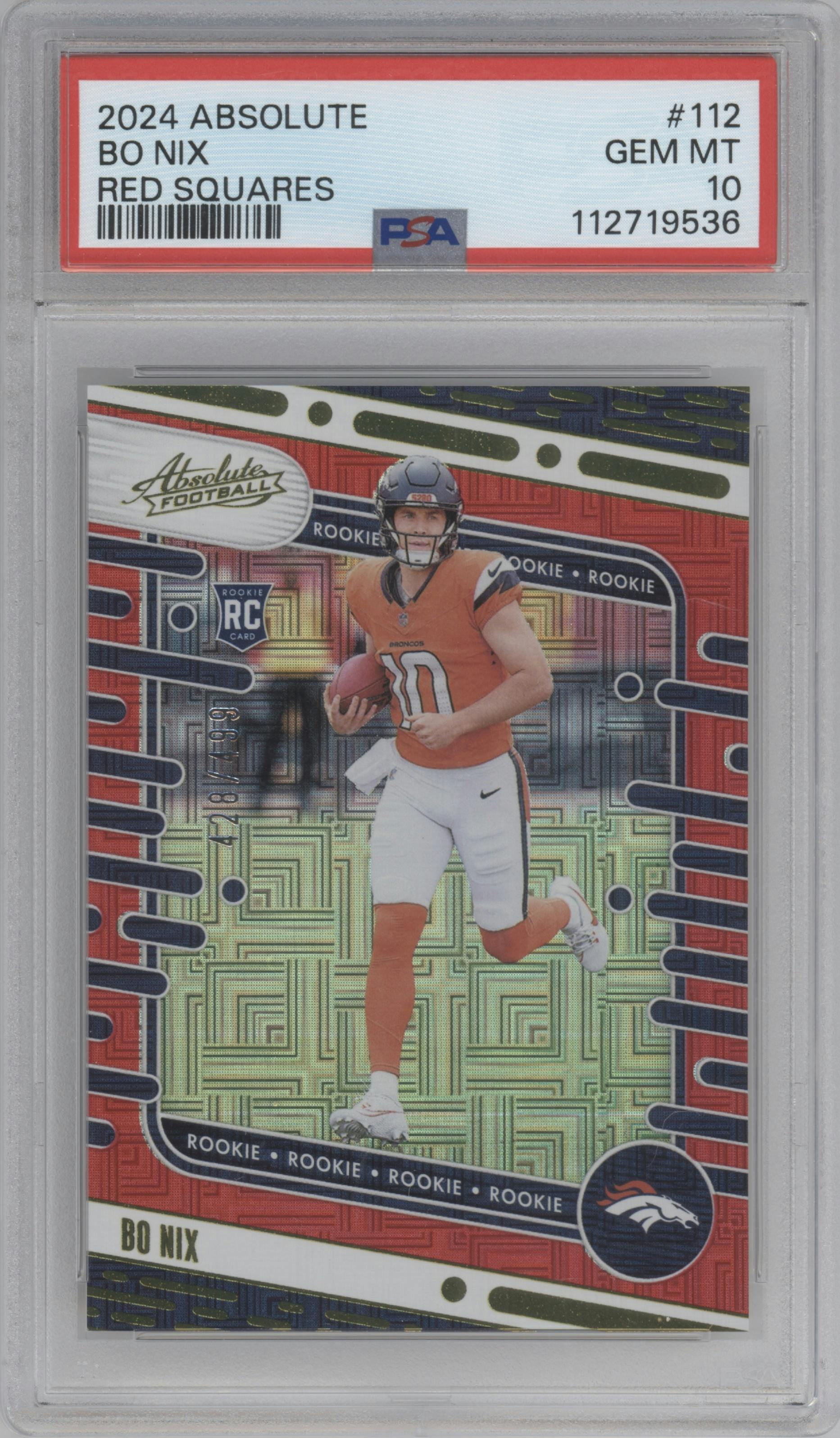 Bo Nix from the 2024 Panini Absolute set featuring a Red Squares parallel graded by PSA and given an overall grade of 10.