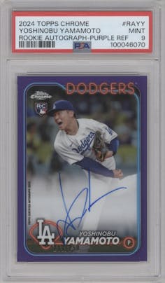 Yoshinobu Yamamoto from the 2024 Topps Chrome set featuring a Purple Refractor parallel graded by PSA and given an overall grade of 9.