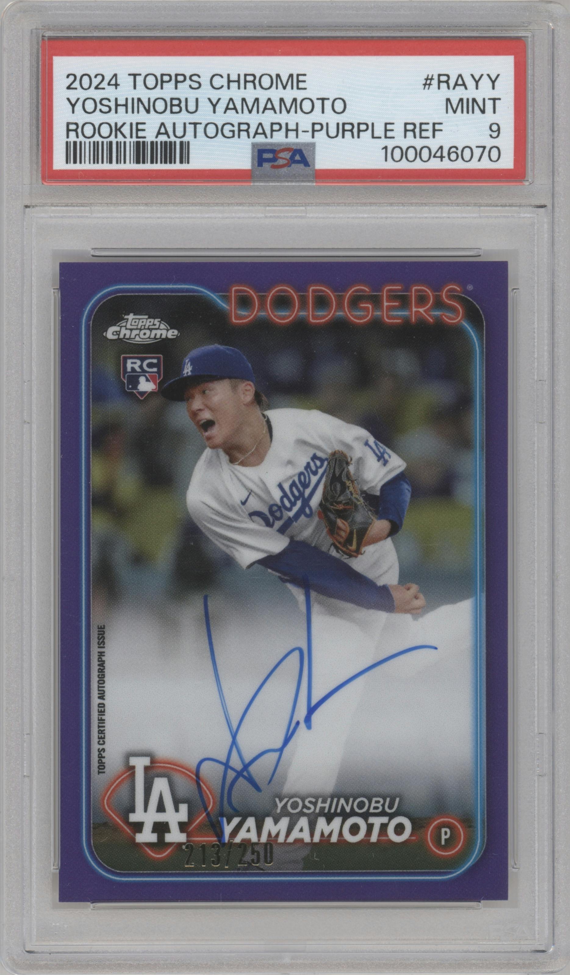 Yoshinobu Yamamoto from the 2024 Topps Chrome set featuring a Purple Refractor parallel graded by PSA and given an overall grade of 9.