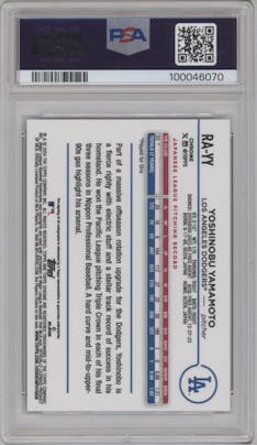 Yoshinobu Yamamoto from the 2024 Topps Chrome set featuring a Purple Refractor parallel graded by PSA and given an overall grade of 9.