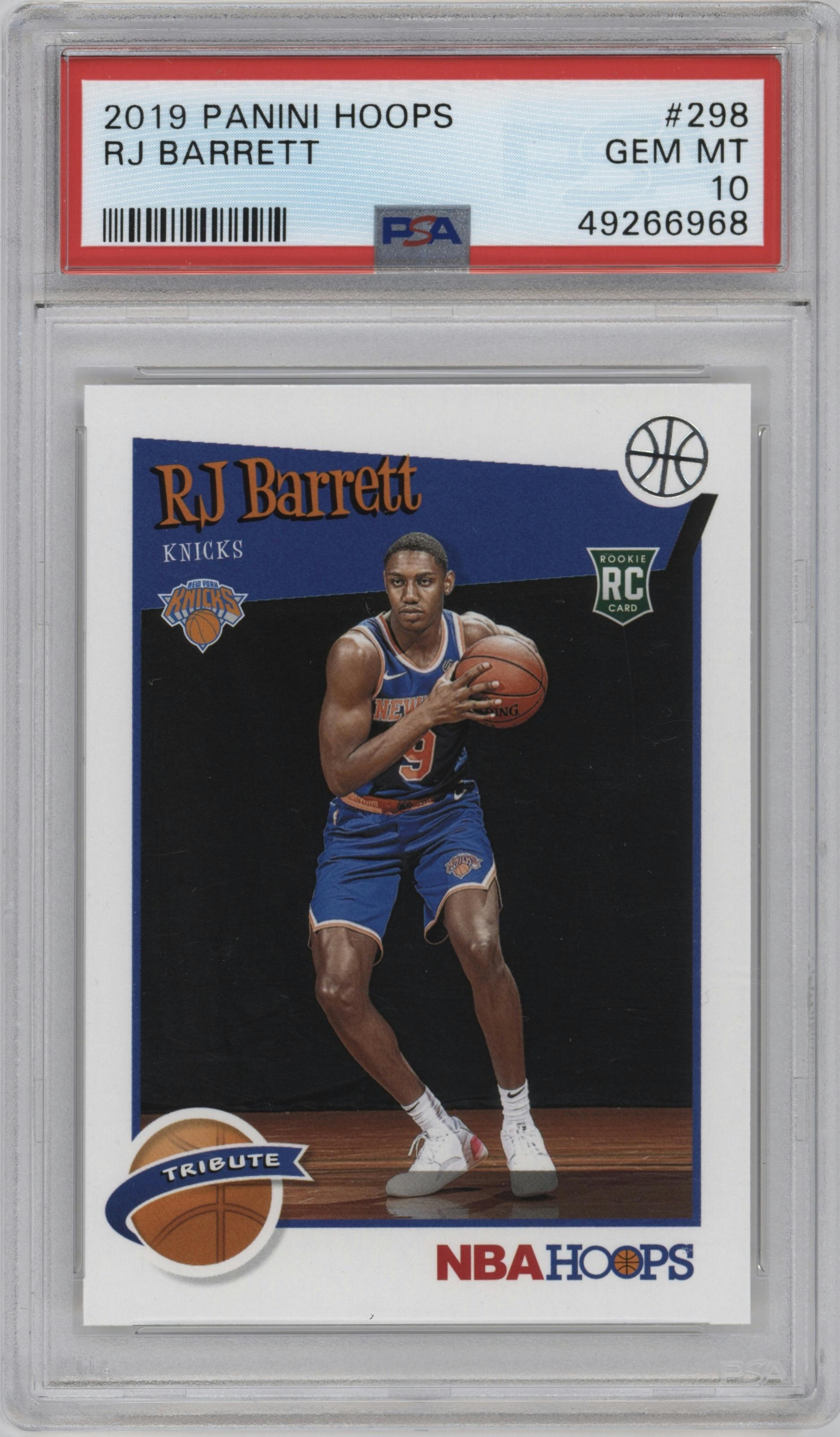 RJ Barrett from the 2019-20 Panini NBA Hoops set graded by PSA and given an overall grade of 10.