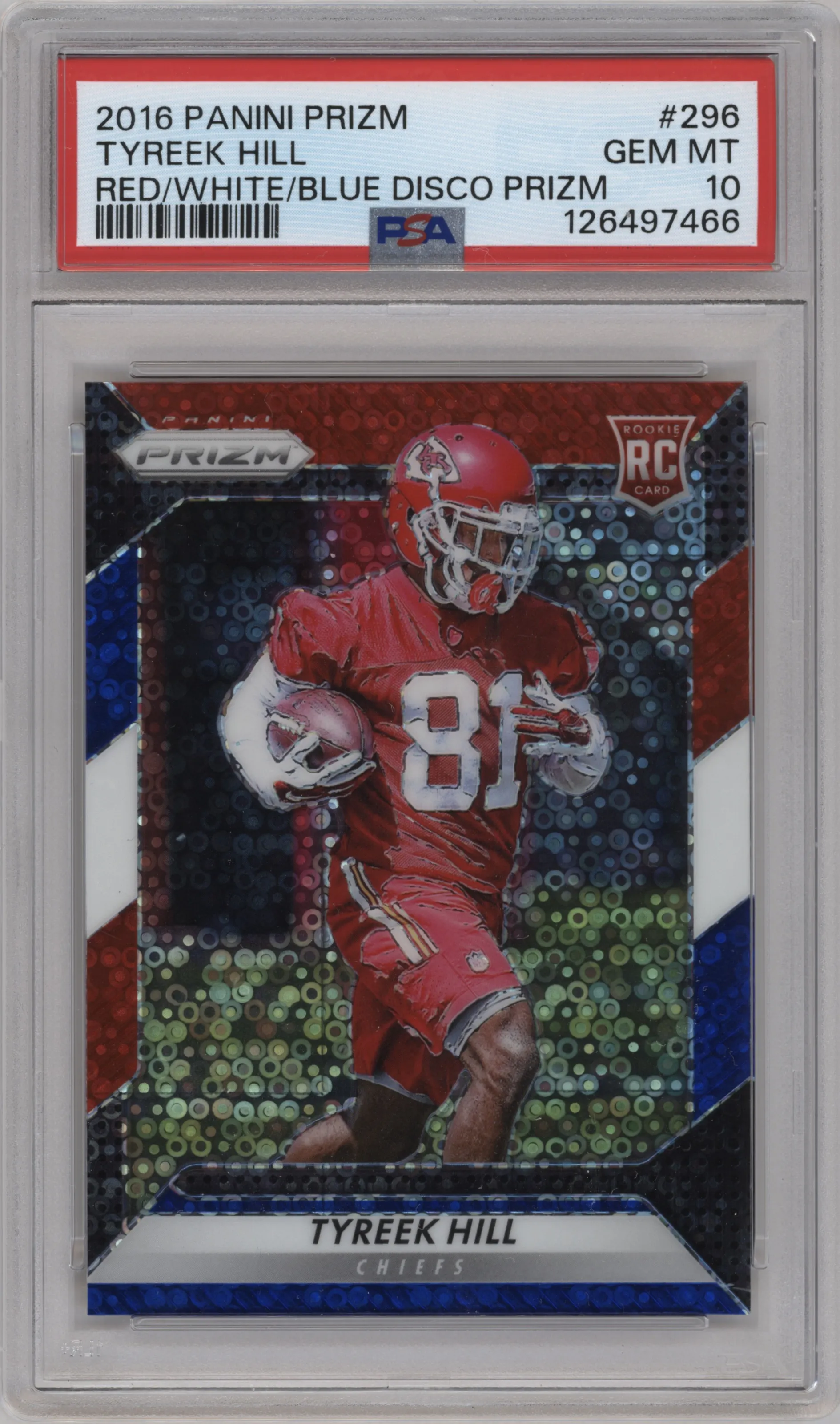 2016 Panini Prizm Tyreek Hill Red/White/Blue Disco Prizm #296 PSA 10