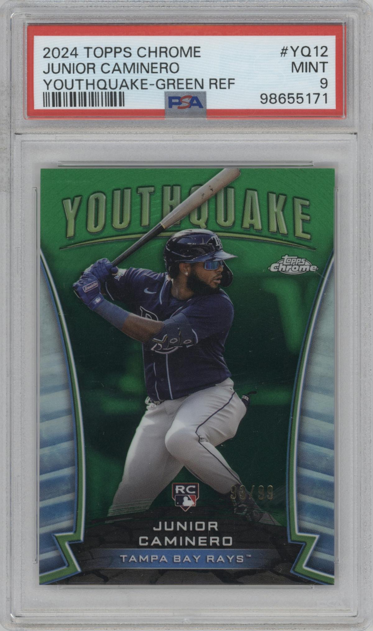 Junior Caminero from the 2024 Topps Chrome set featuring a Green Refractor parallel graded by PSA and given an overall grade of 9.